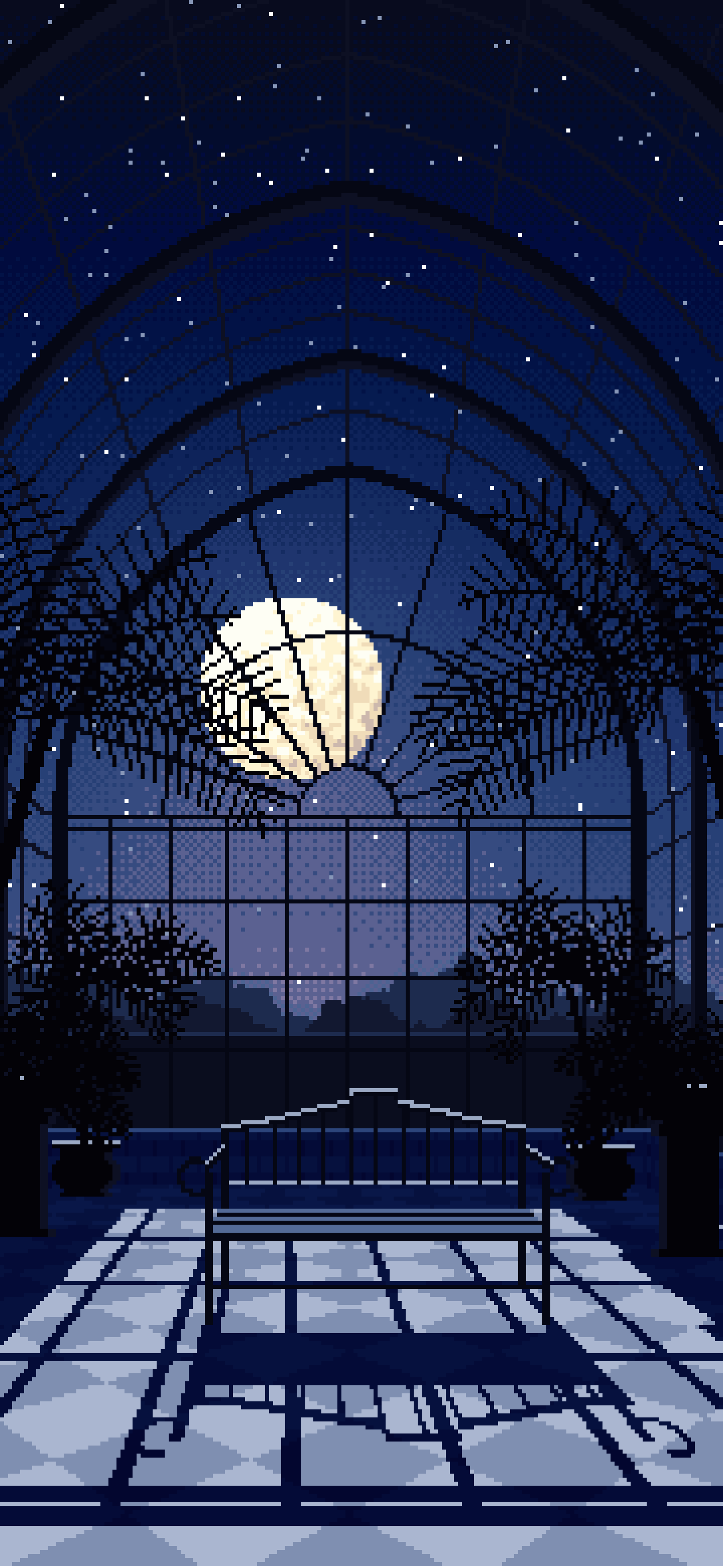 Navy Pixel Art Gothic Greenhouse at Night wallpaper for iPhone and Android