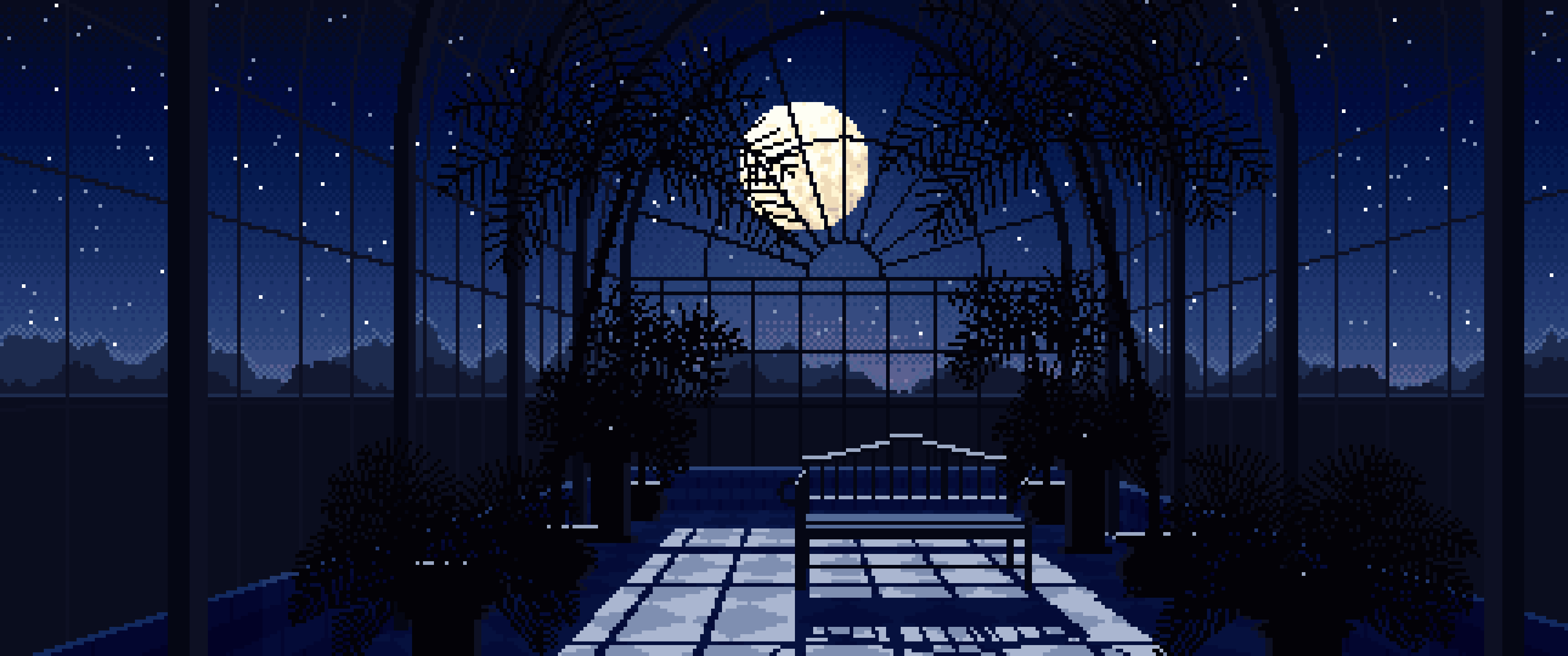 Navy Pixel Art Gothic Greenhouse at Night ultrawide wallpaper, 3440 × 1440