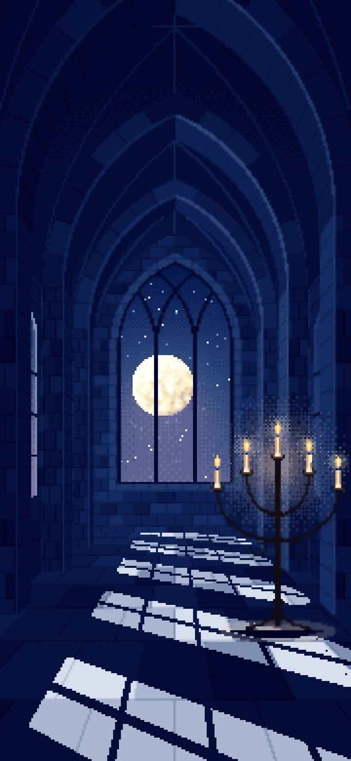 Navy Pixel Art Gothic Hall by Moonlight wallpaper for iPhone and Android
