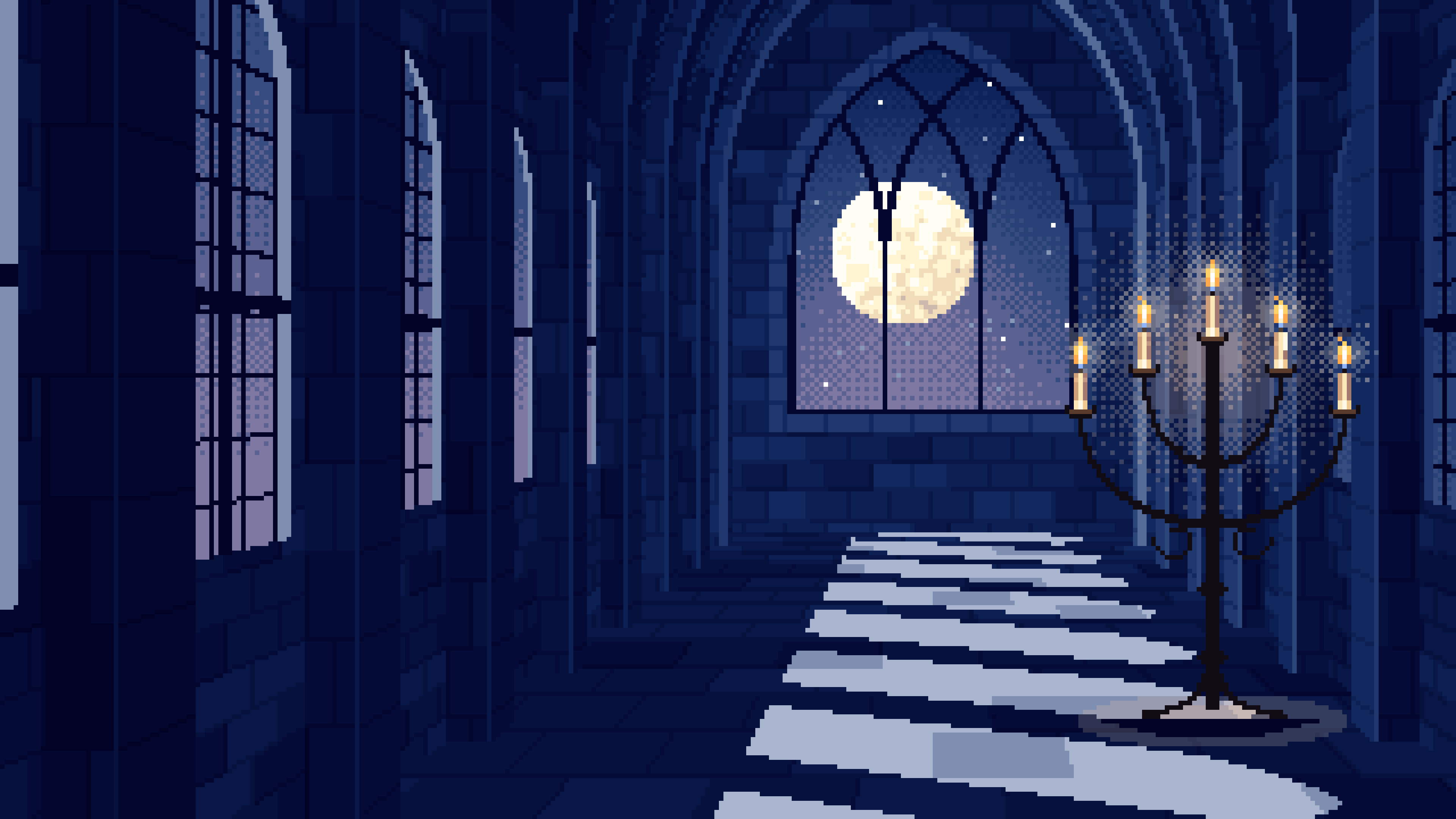 Navy Pixel Art Gothic Hall by Moonlight desktop wallpaper in 4K
