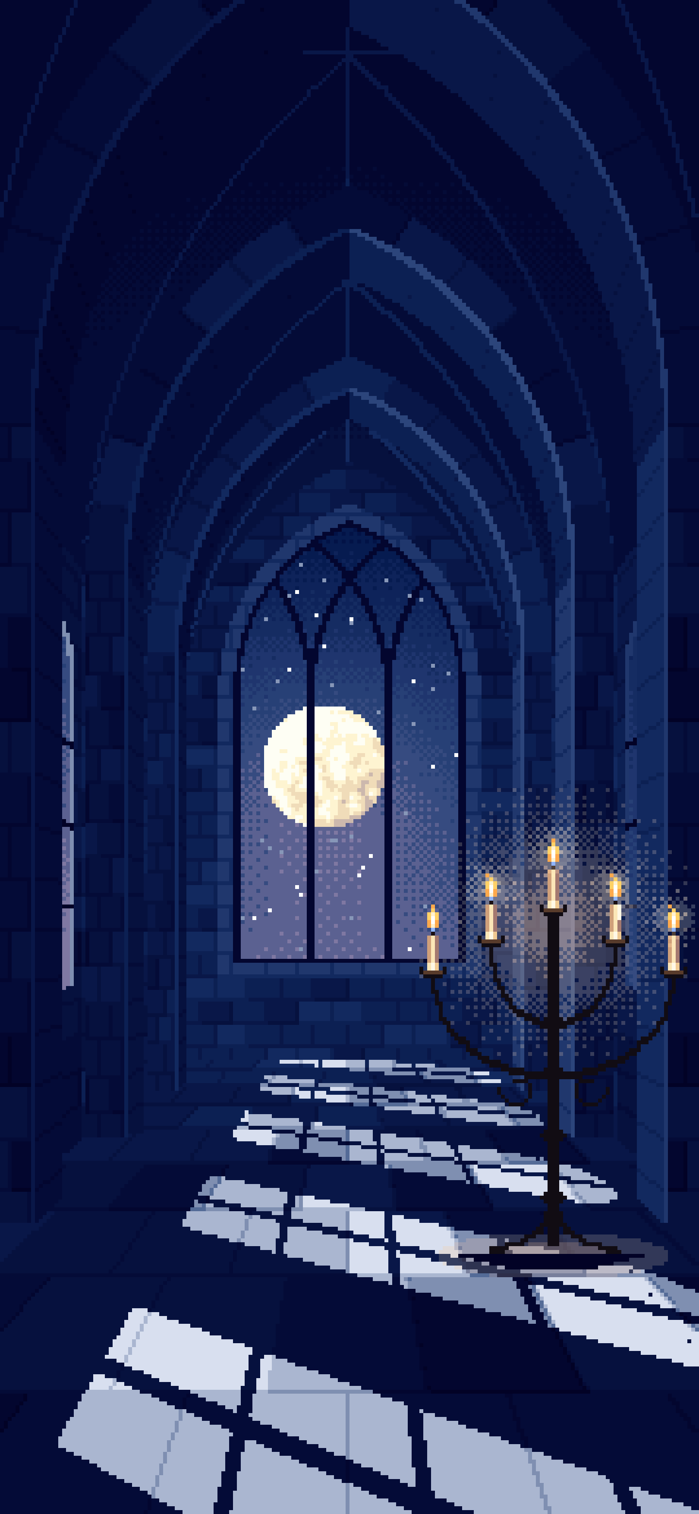 Navy Pixel Art Gothic Hall by Moonlight wallpaper for iPhone and Android