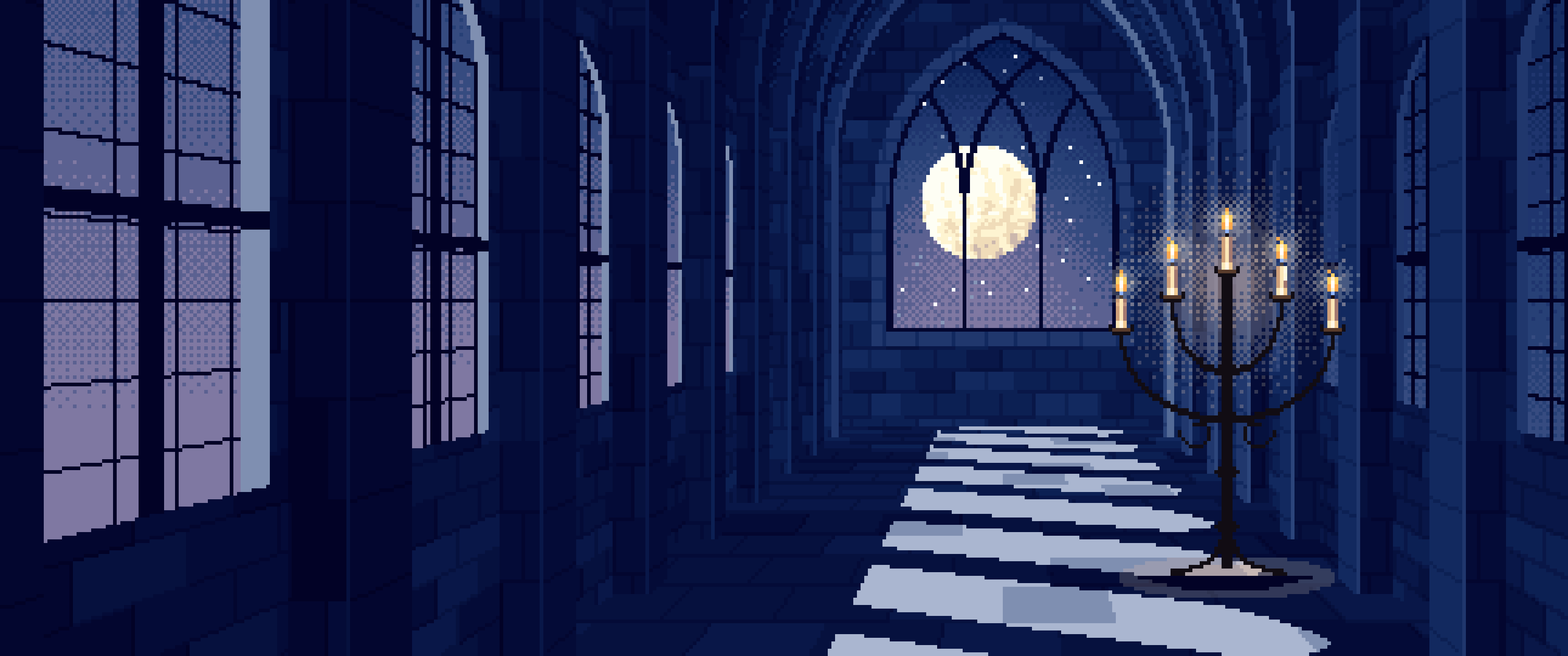 Navy Pixel Art Gothic Hall by Moonlight ultrawide wallpaper, 3440 × 1440