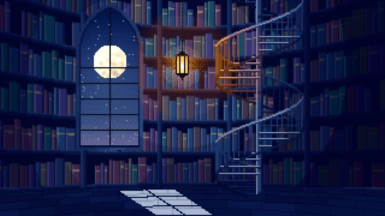 Navy Pixel Art Gothic Library Staircase desktop wallpaper in 4K