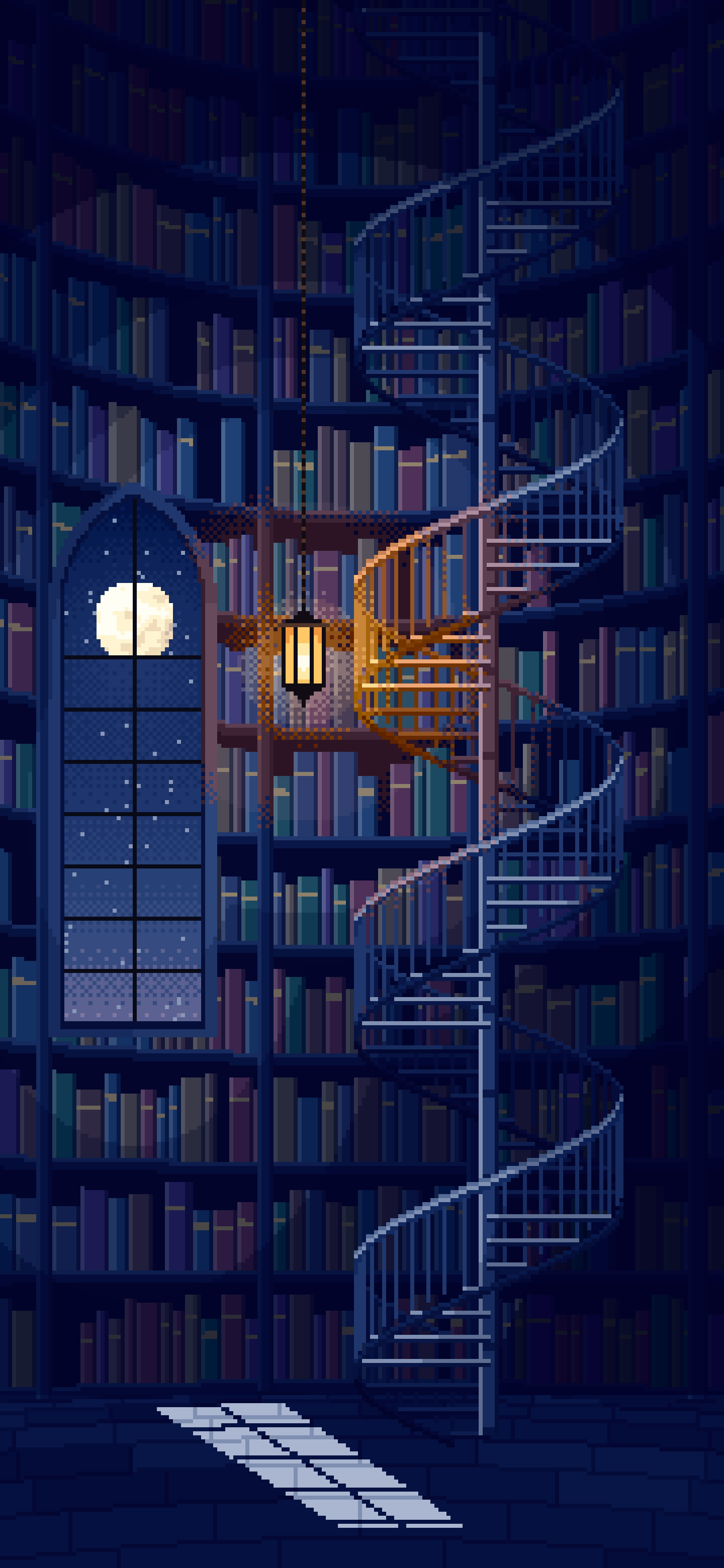 Navy Pixel Art Gothic Library Staircase wallpaper for iPhone and Android