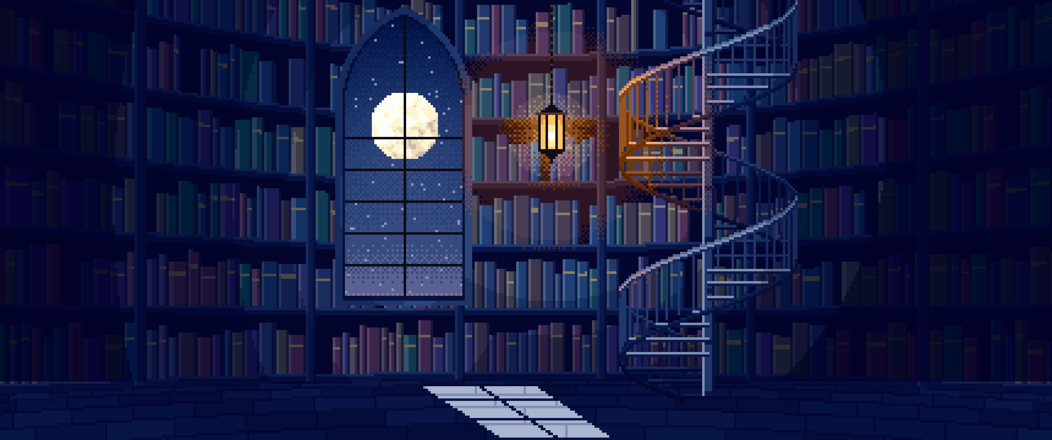 Navy Pixel Art Gothic Library Staircase ultrawide wallpaper, 3440 × 1440