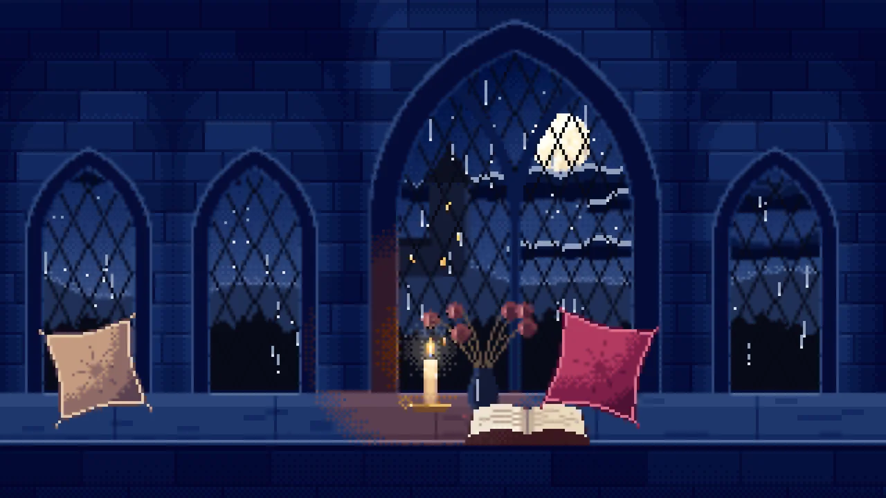 Navy Pixel Art Gothic Window Seat on a Rainy Night desktop wallpaper in 4K
