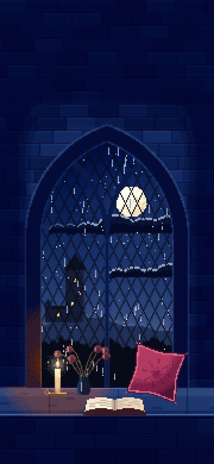 Navy Pixel Art Gothic Window Seat on a Rainy Night wallpaper for iPhone and Android