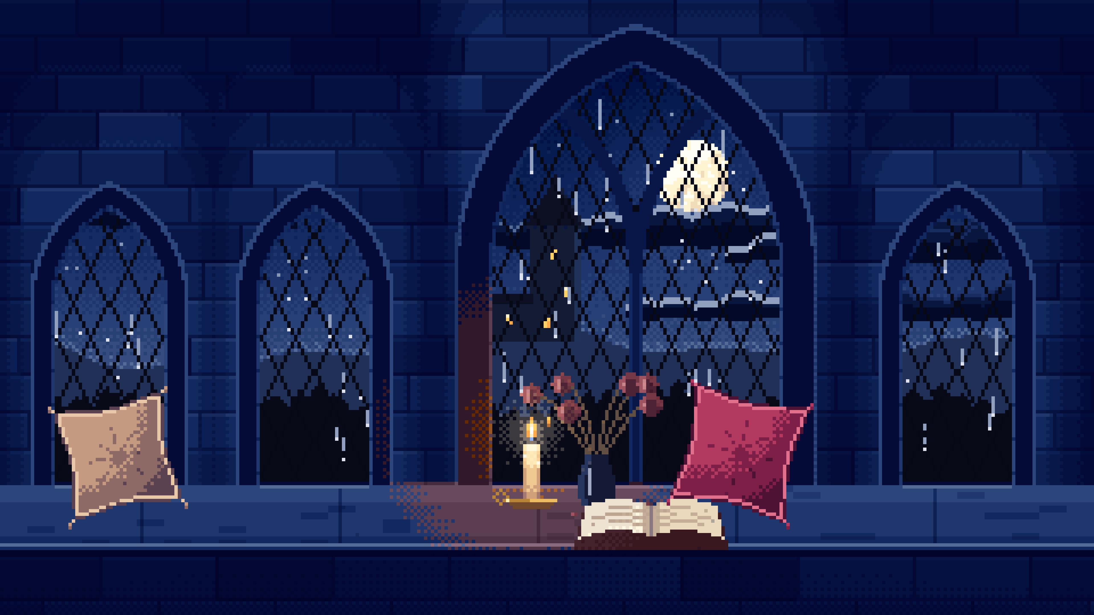 Navy Pixel Art Gothic Window Seat on a Rainy Night desktop wallpaper in 4K