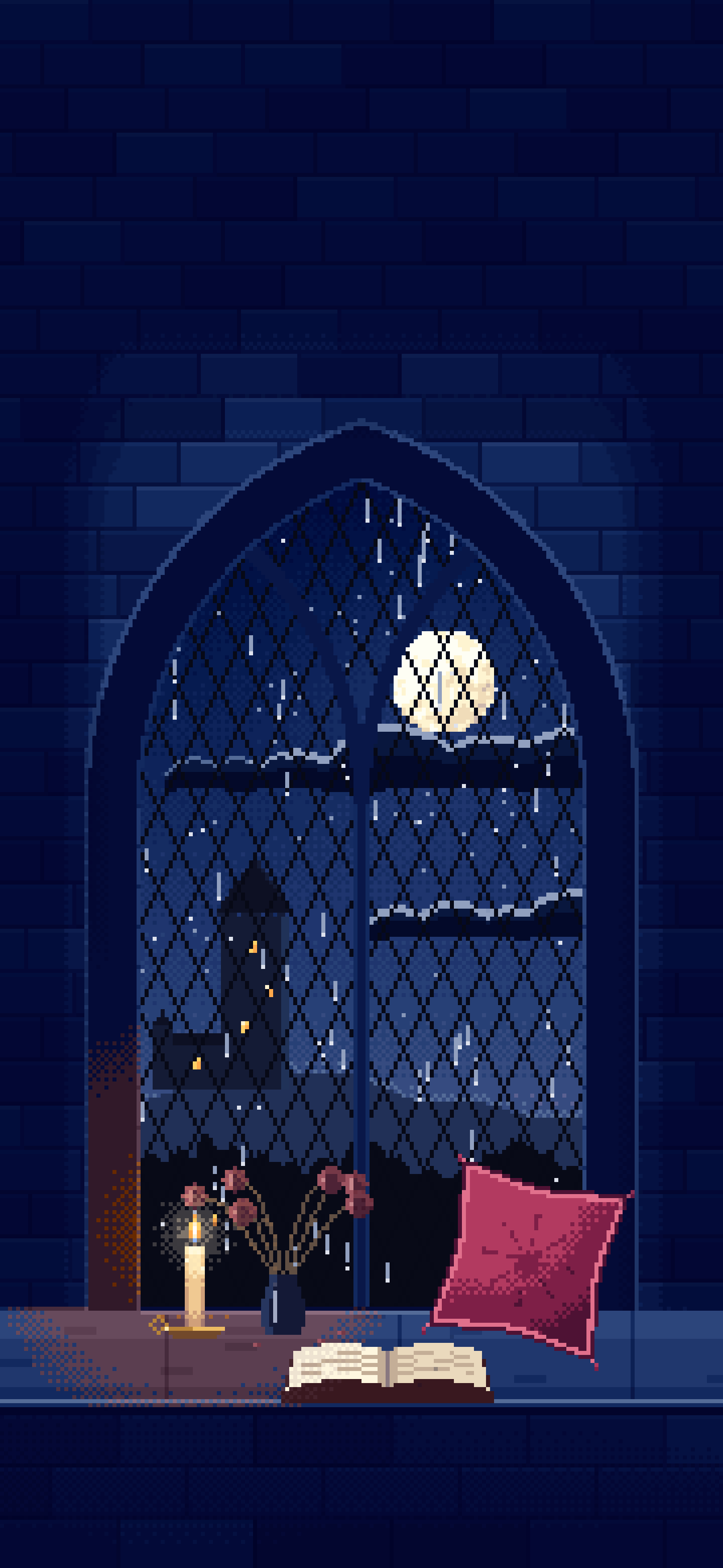 Navy Pixel Art Gothic Window Seat on a Rainy Night wallpaper for iPhone and Android