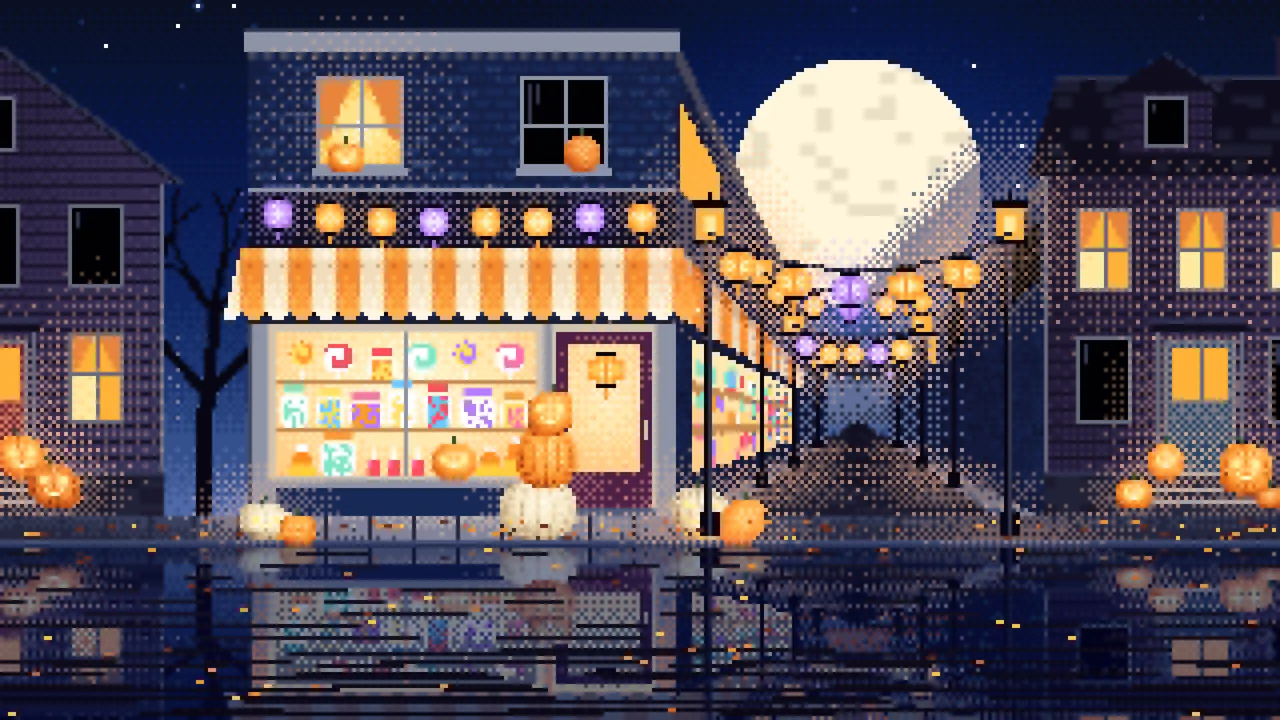 Navy Pixel Art Halloween Candy Shop at Night desktop wallpaper in 4K