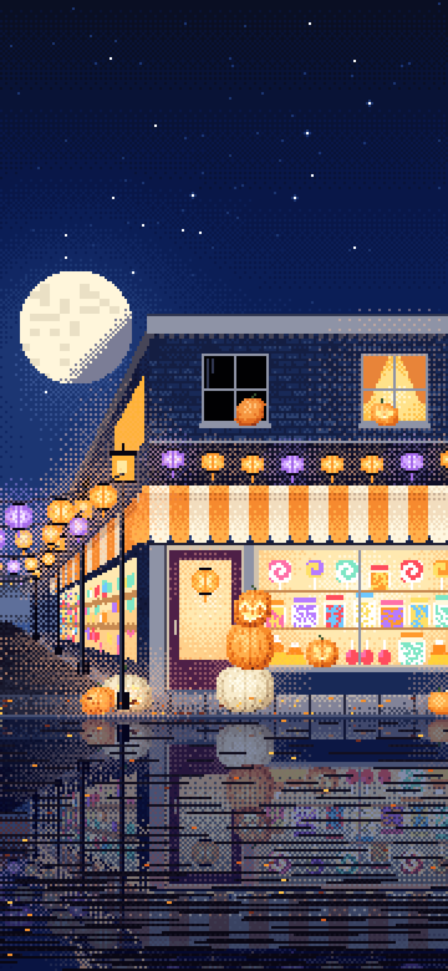Navy Pixel Art Halloween Candy Shop at Night wallpaper for iPhone and Android