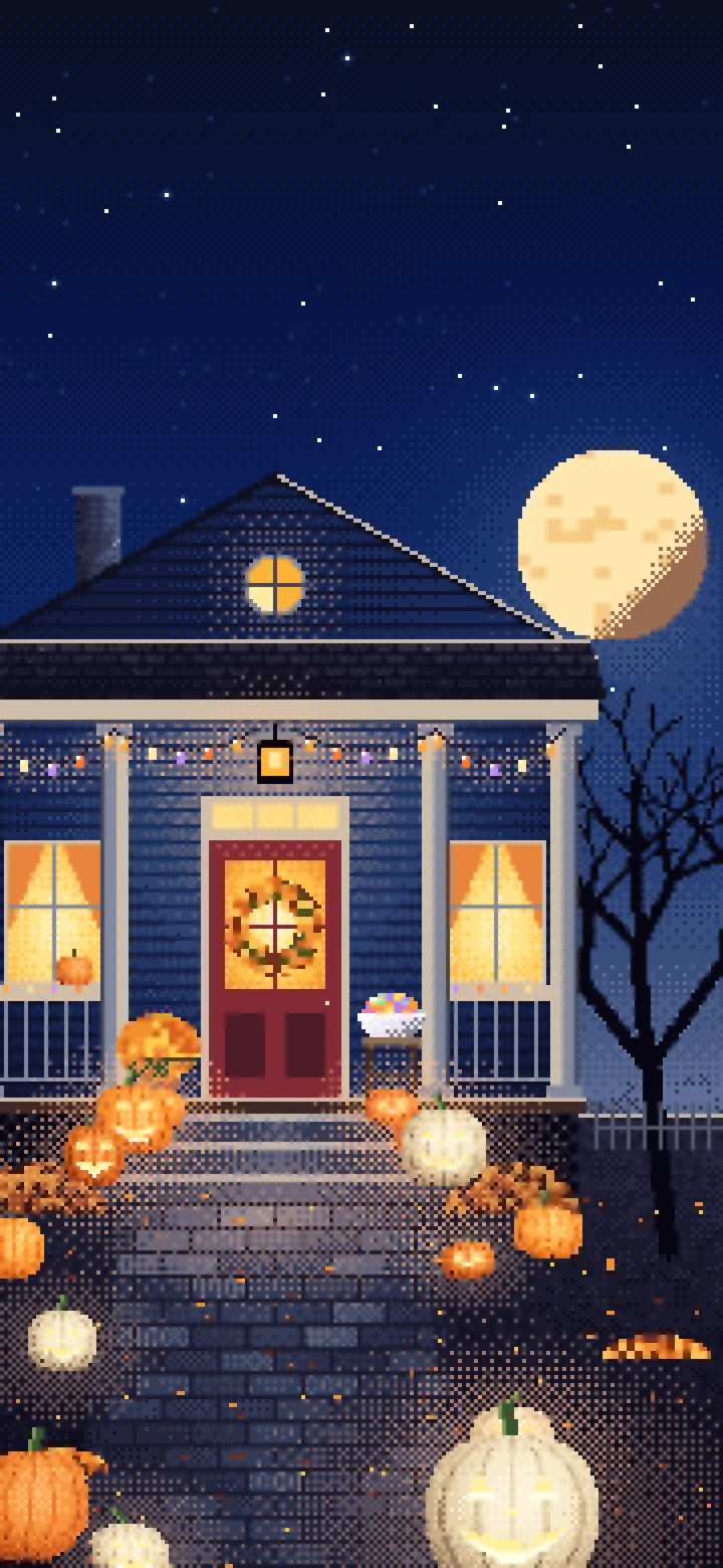 Navy Pixel Art Halloween Front Porch at Night wallpaper for iPhone and Android