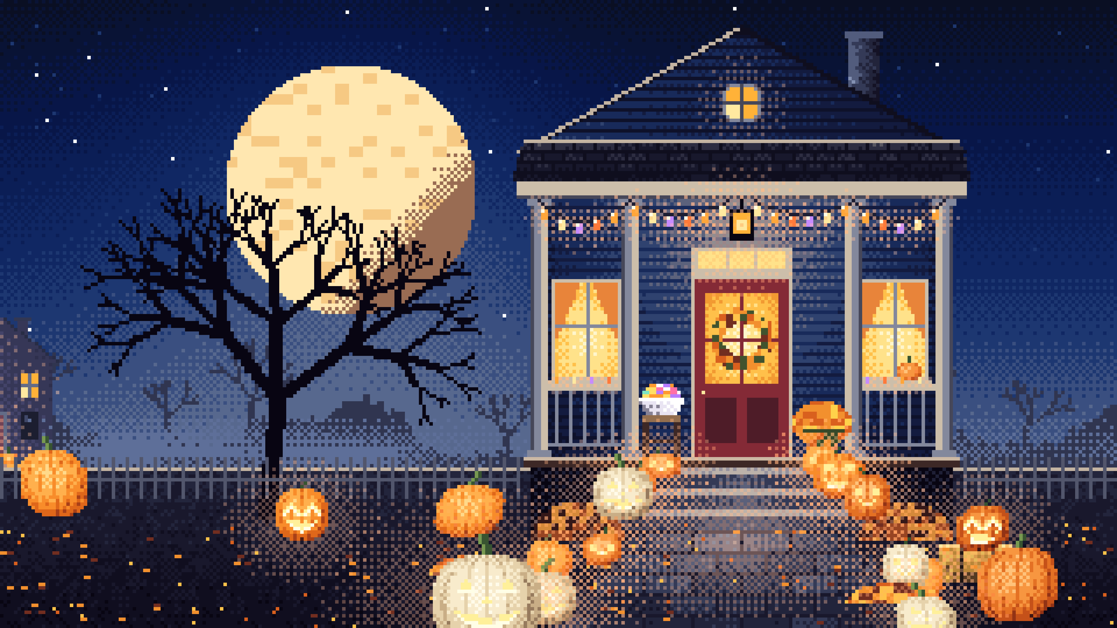 Navy Pixel Art Halloween Front Porch at Night desktop wallpaper in 4K