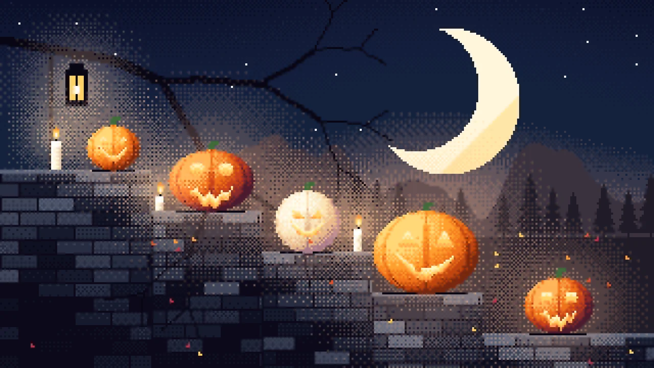 Navy Pixel Art Halloween Steps desktop wallpaper in 4K