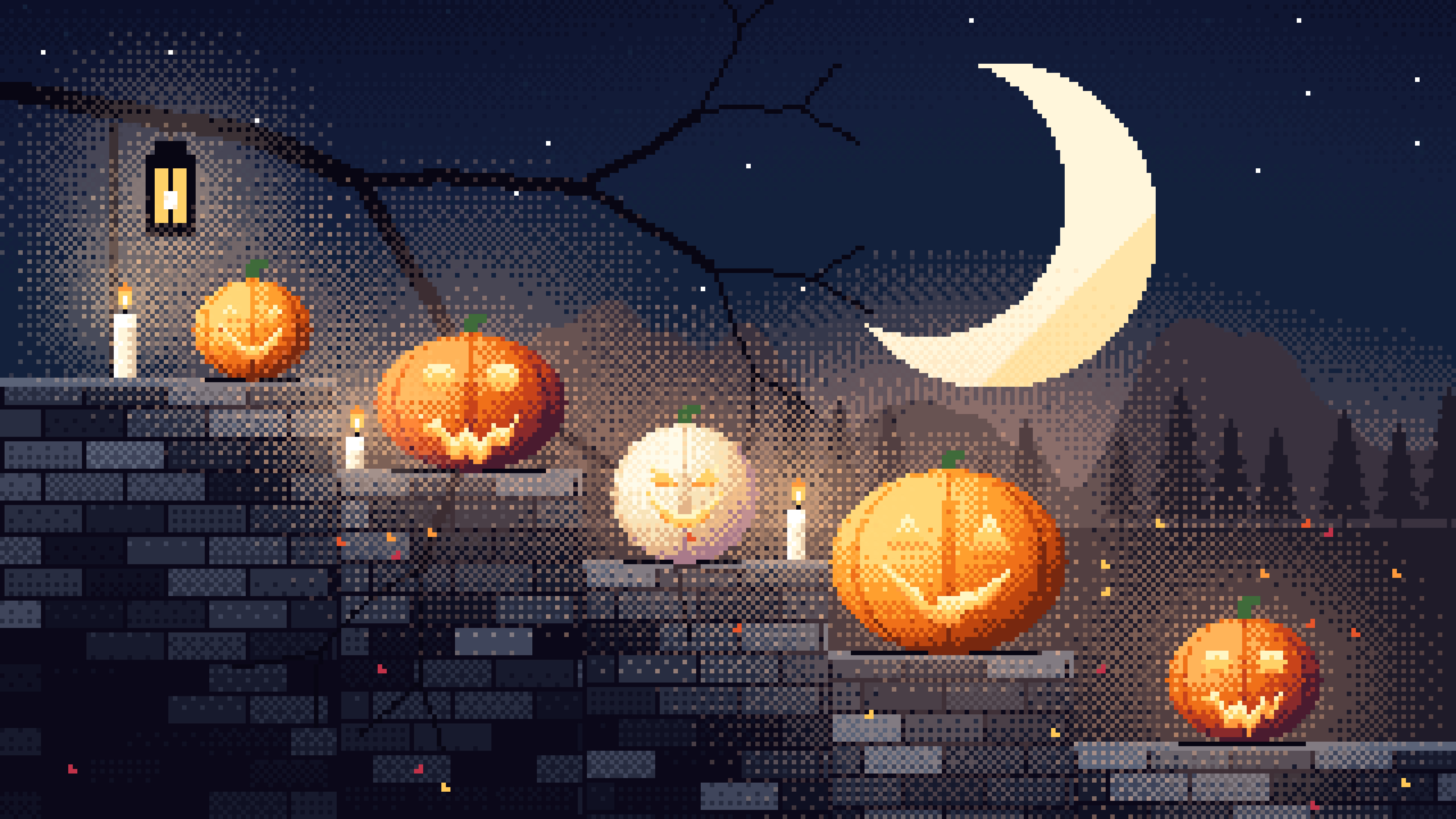Navy Pixel Art Halloween Steps desktop wallpaper in 4K
