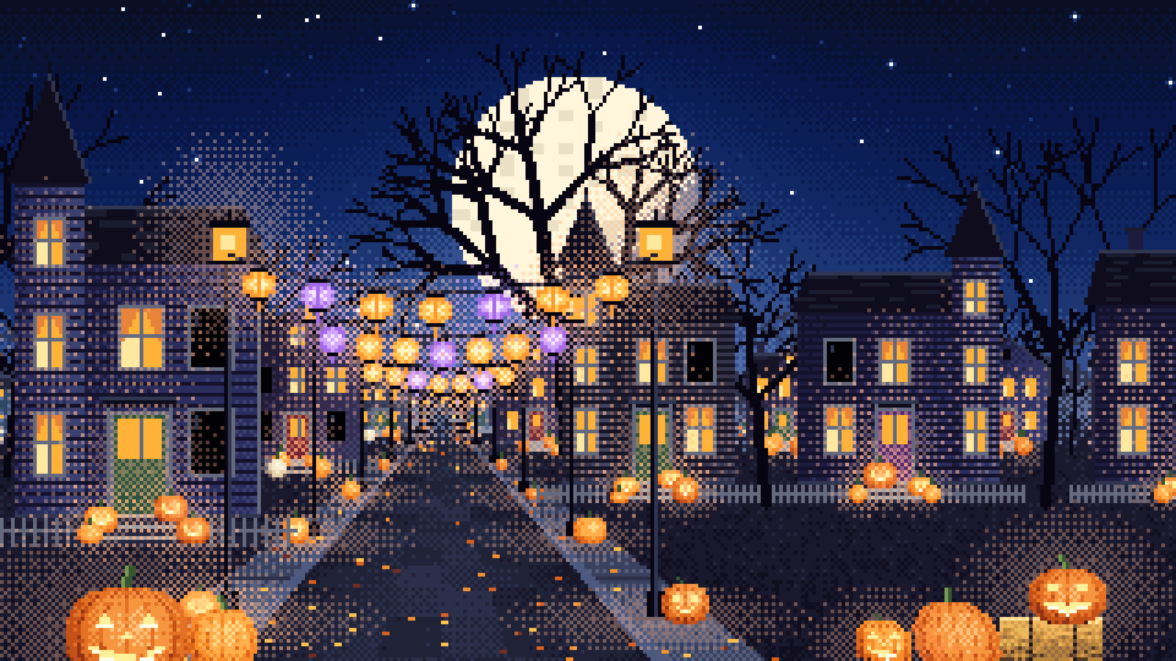 Navy Pixel Art Halloween Town Street at Night desktop wallpaper in 4K