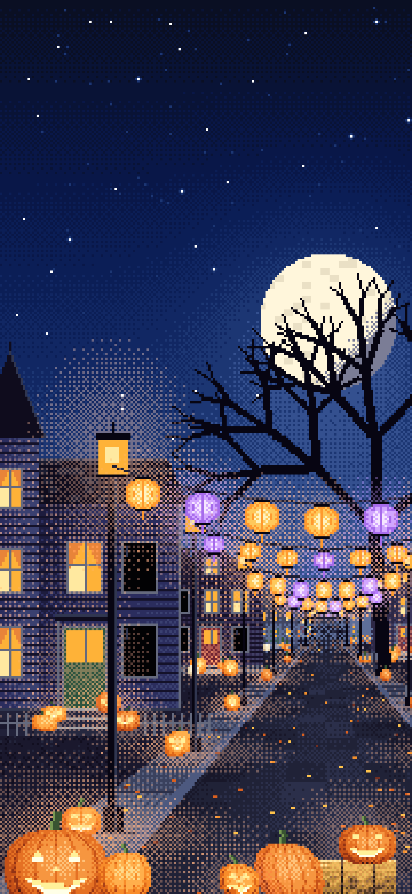 Navy Pixel Art Halloween Town Street at Night wallpaper for iPhone and Android