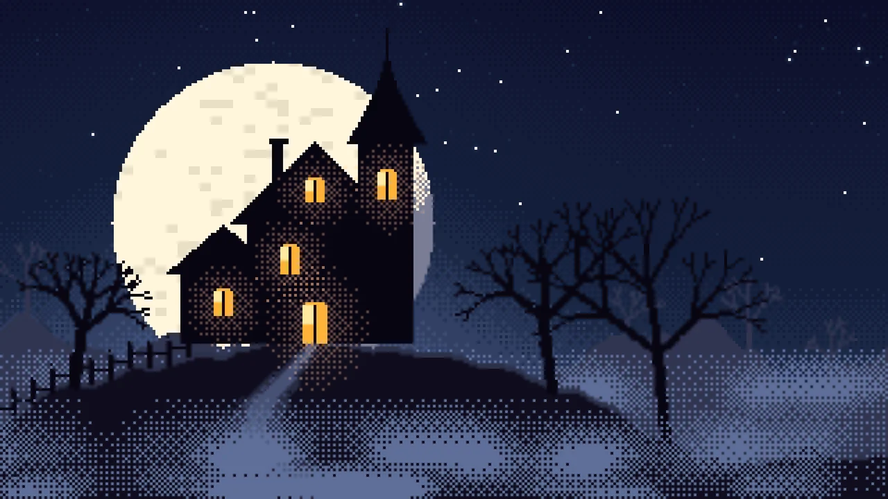 Navy Pixel Art Haunted House desktop wallpaper in 4K