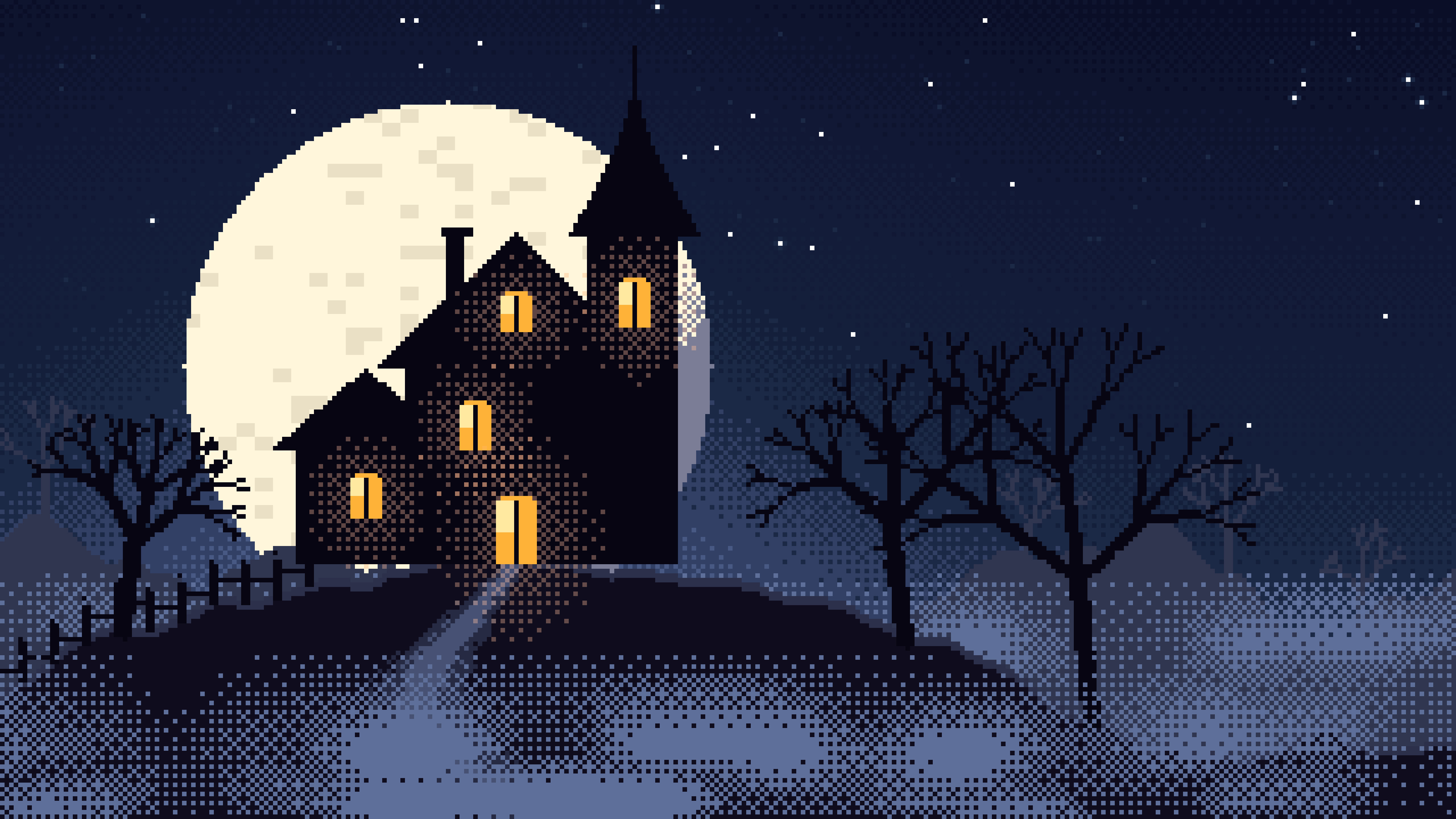 Navy Pixel Art Haunted House desktop wallpaper in 4K