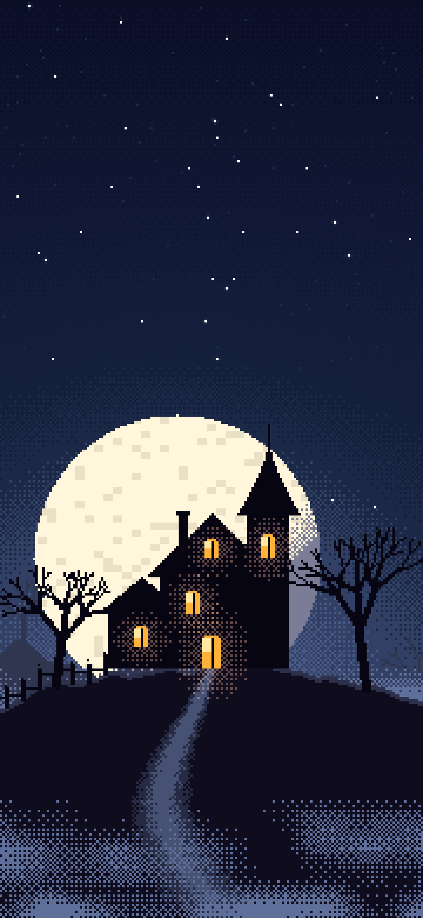 Navy Pixel Art Haunted House wallpaper for iPhone and Android