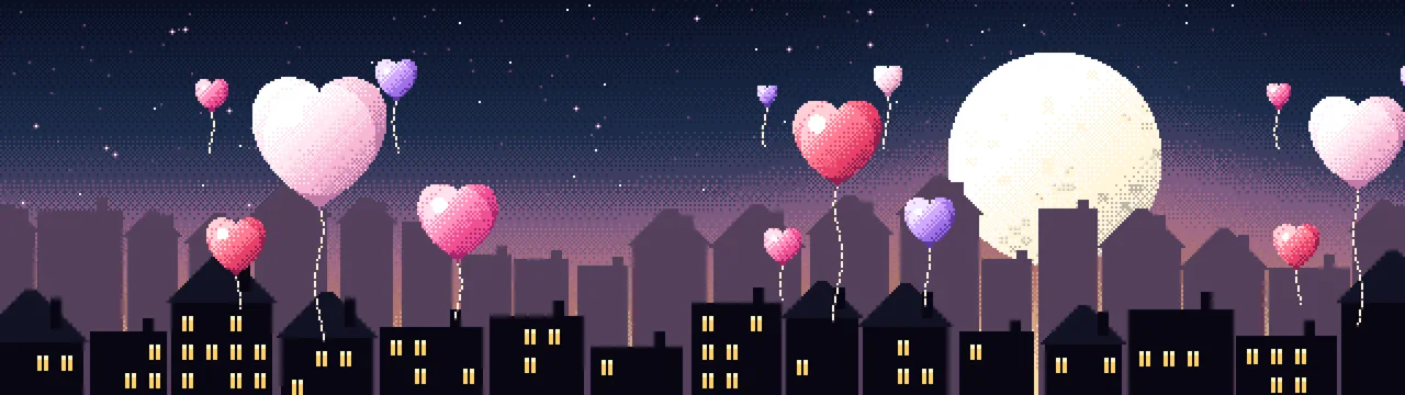 Navy Pixel Art Heart Balloons dual monitor wallpaper, 7680 × 2160