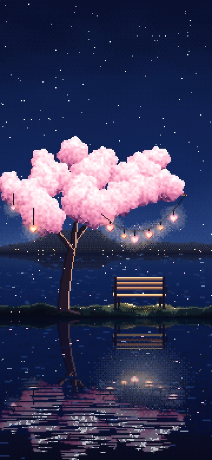 Navy Pixel Art Heart Lanterns in a Blossom Tree by a Lake wallpaper for iPhone and Android