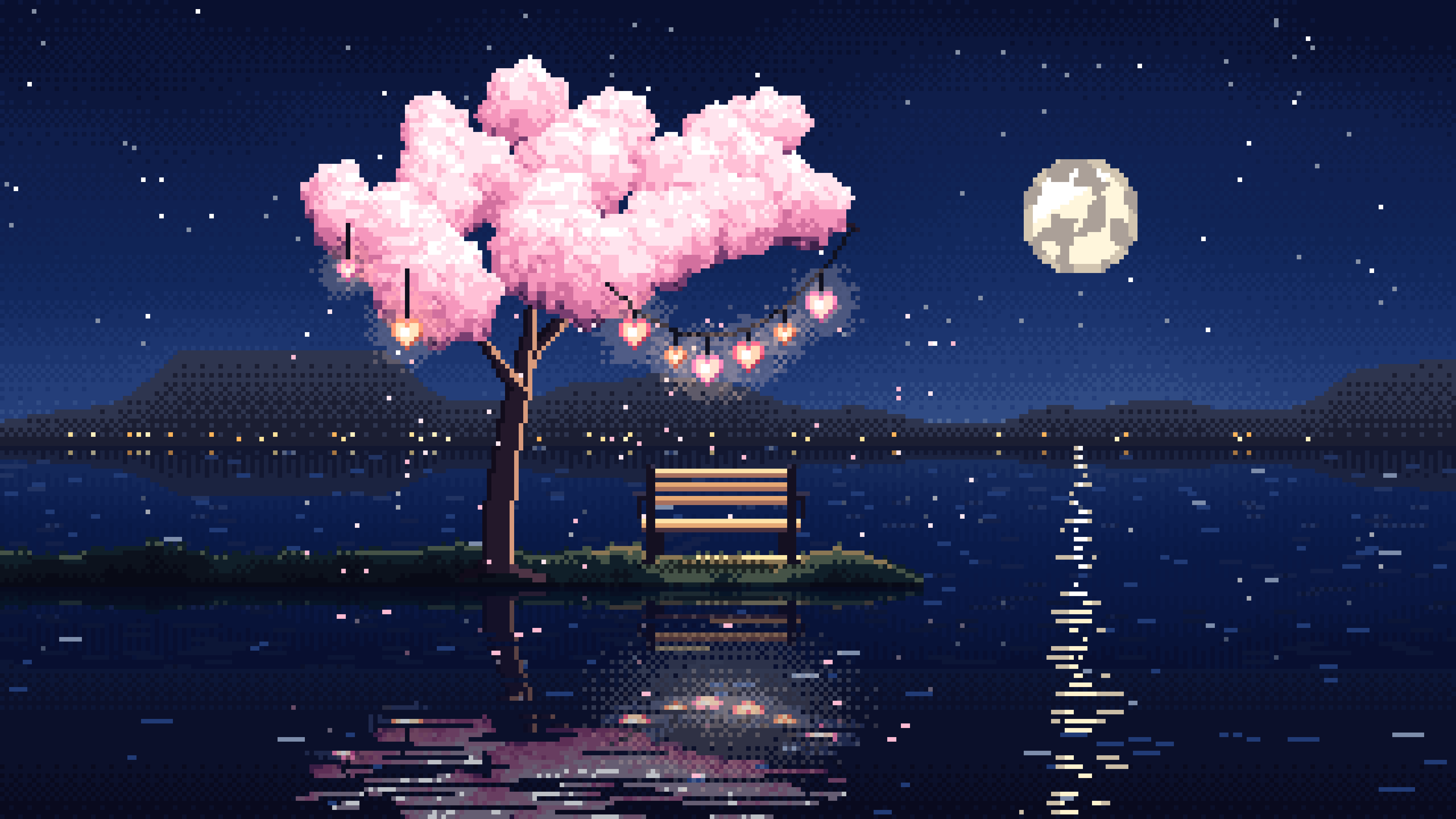 Navy Pixel Art Heart Lanterns in a Blossom Tree by a Lake desktop wallpaper in 4K