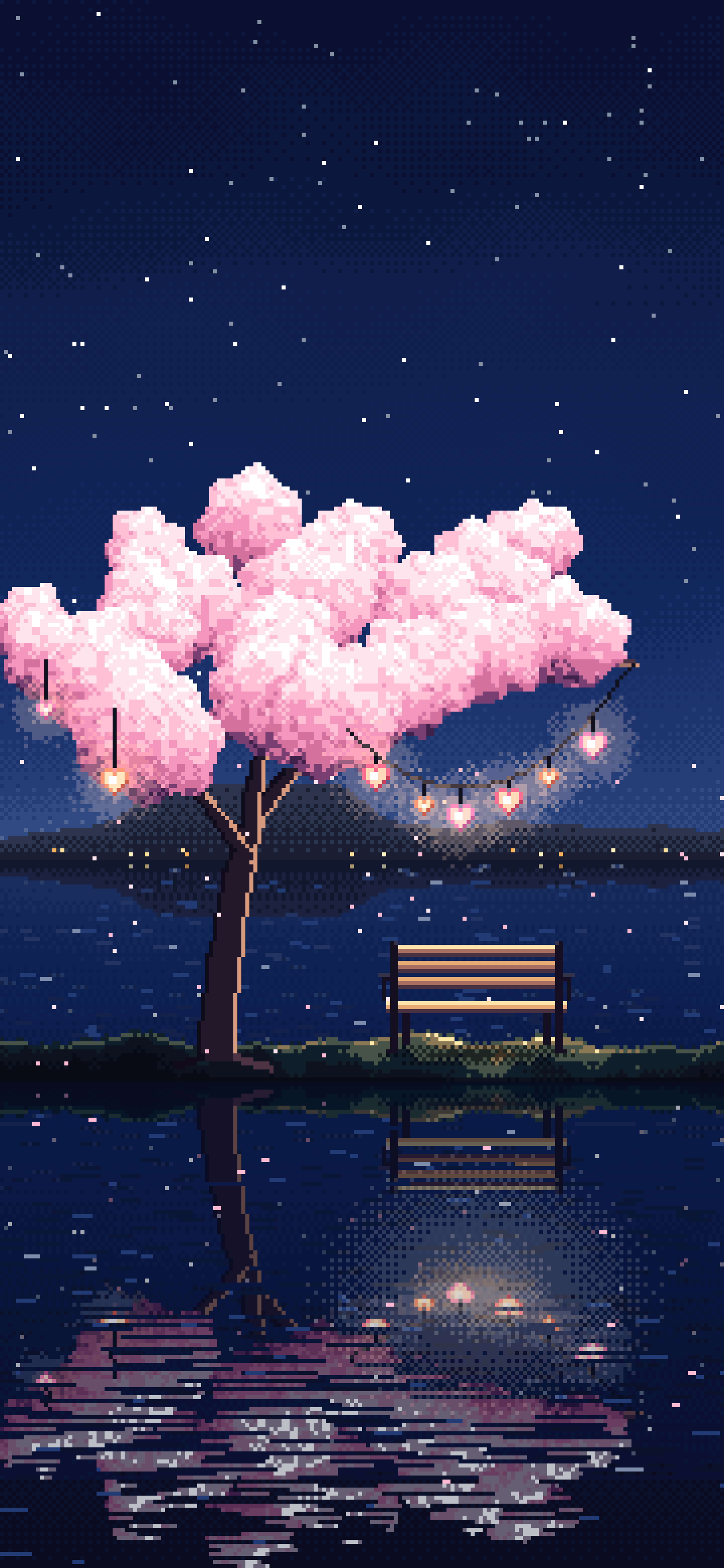 Navy Pixel Art Heart Lanterns in a Blossom Tree by a Lake wallpaper for iPhone and Android