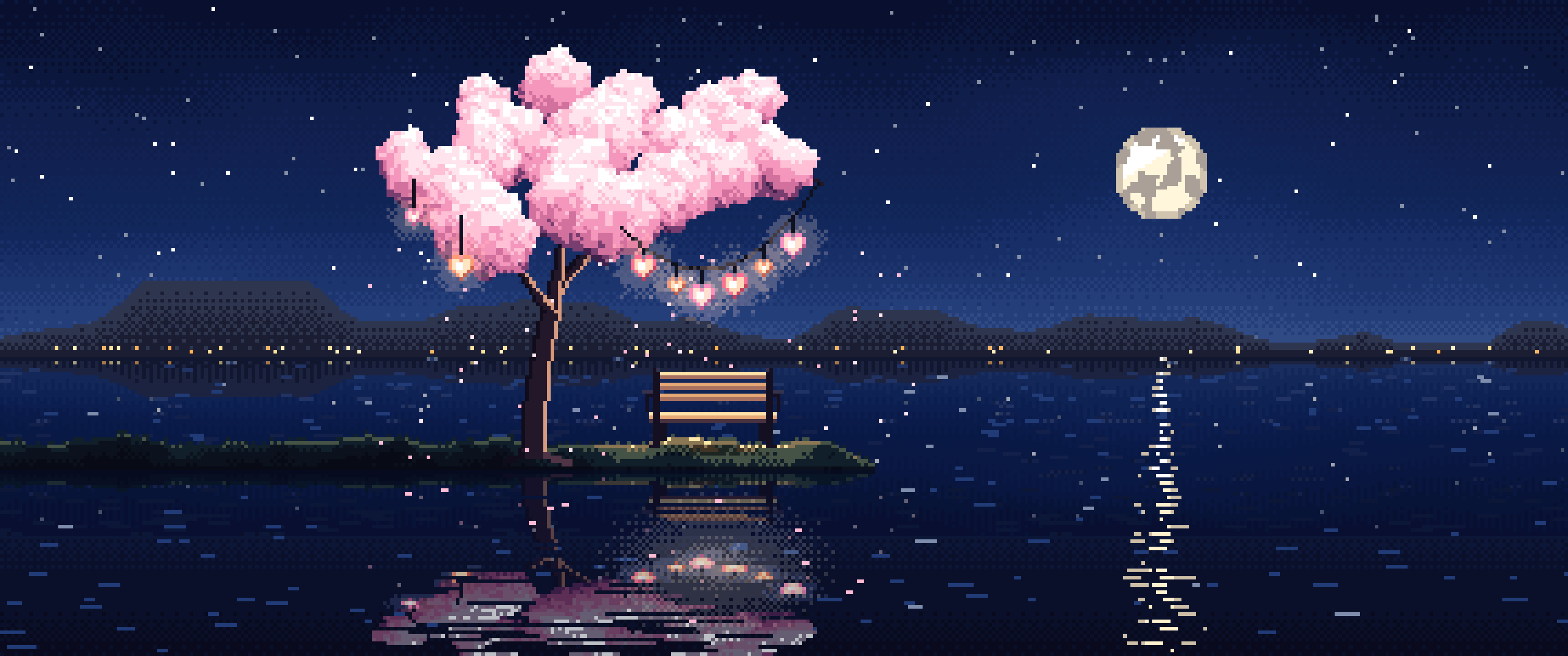 Navy Pixel Art Heart Lanterns in a Blossom Tree by a Lake ultrawide wallpaper, 3440 × 1440