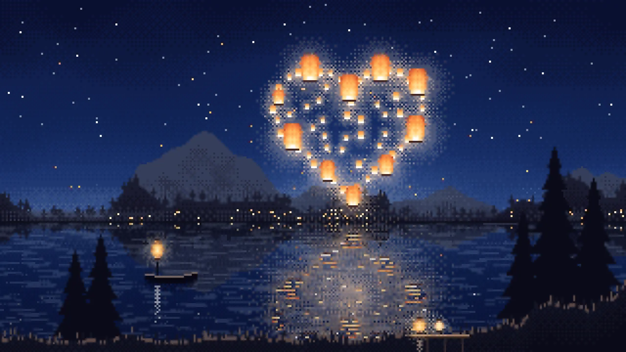 Navy Pixel Art Heart of Sky Lanterns Over a Lake desktop wallpaper in 4K