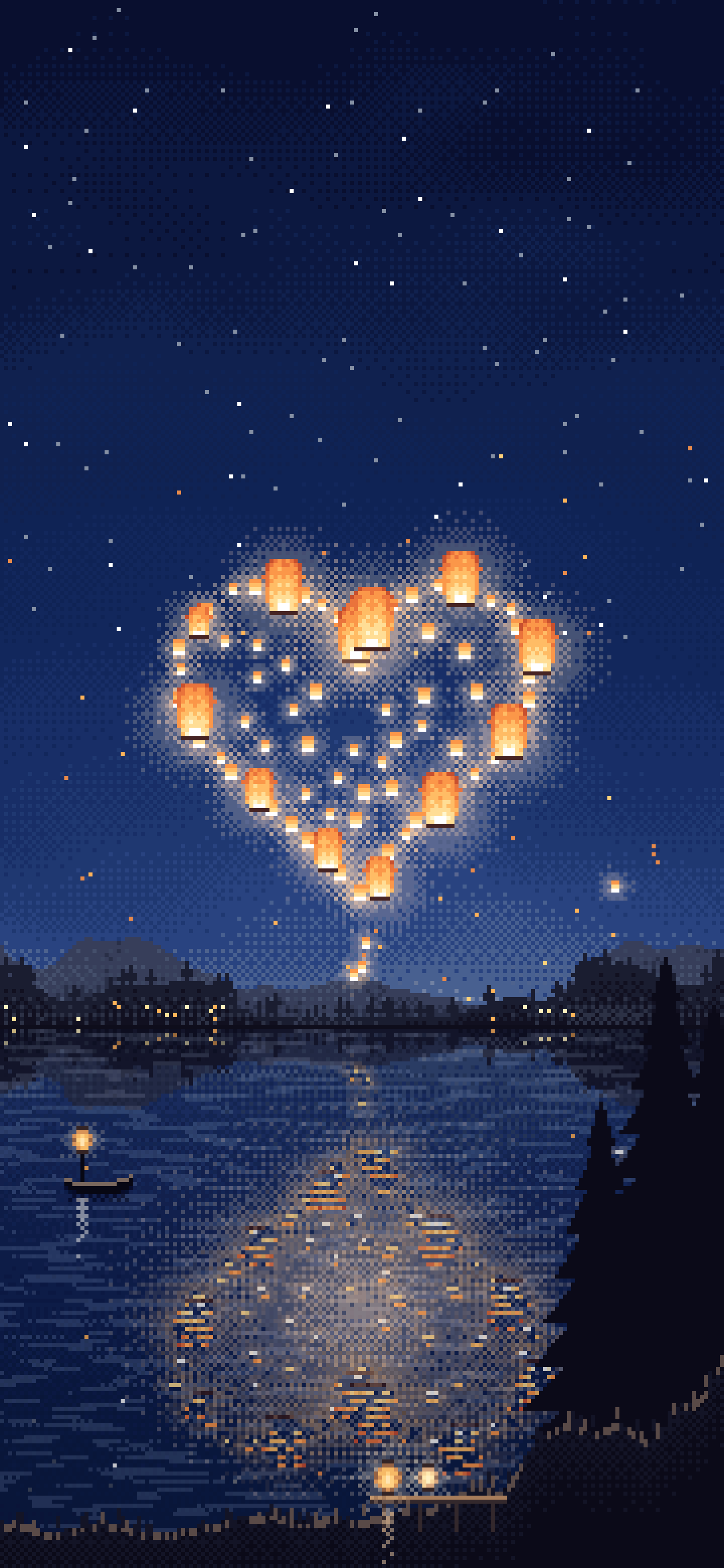 Navy Pixel Art Heart of Sky Lanterns Over a Lake wallpaper for iPhone and Android
