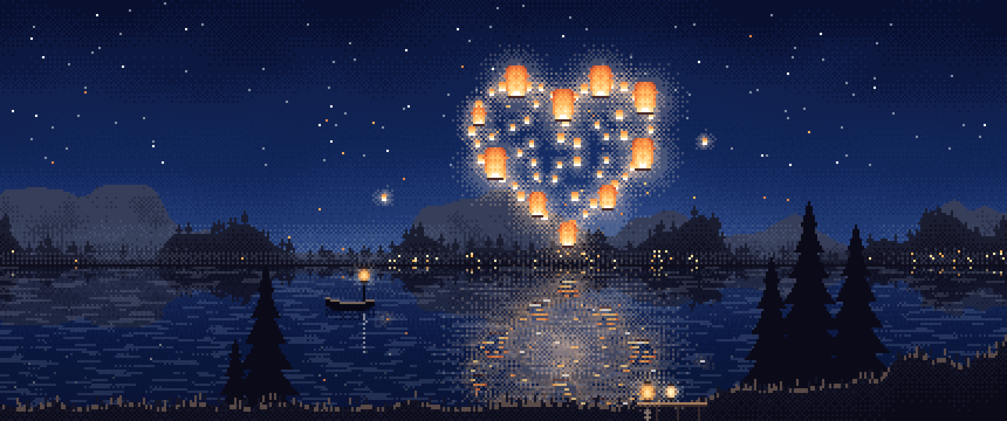 Navy Pixel Art Heart of Sky Lanterns Over a Lake ultrawide wallpaper, 3440 × 1440