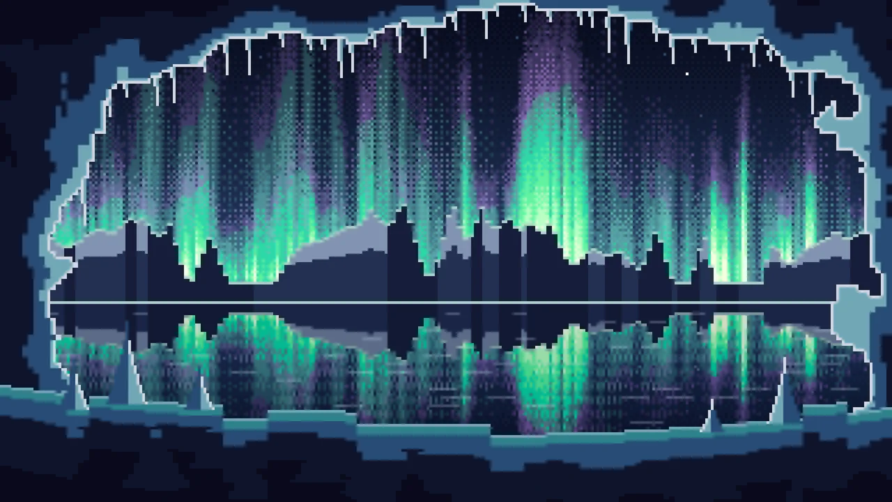 Navy Pixel Art Ice Cave and Northern Lights desktop wallpaper in 4K