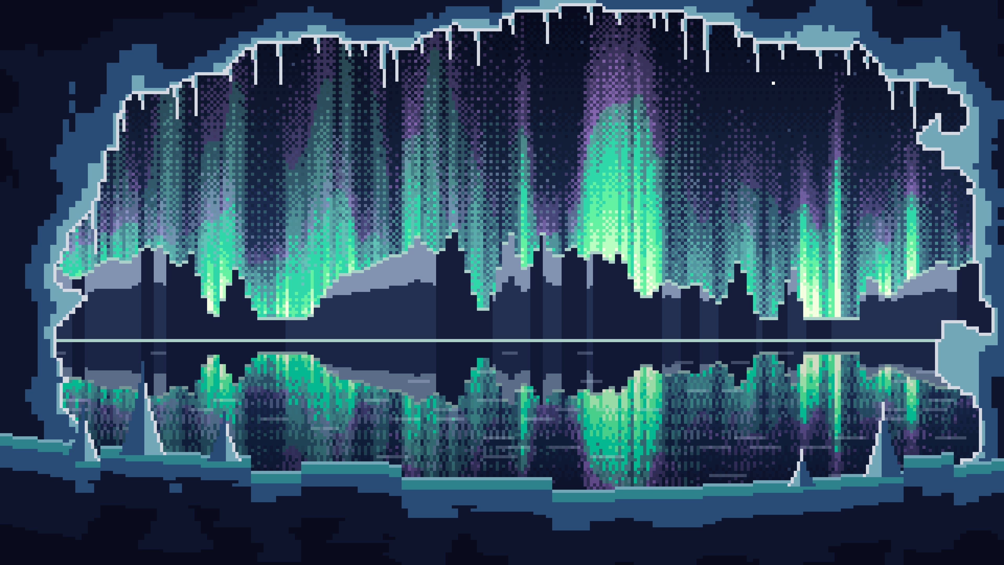 Navy Pixel Art Ice Cave and Northern Lights desktop wallpaper in 4K