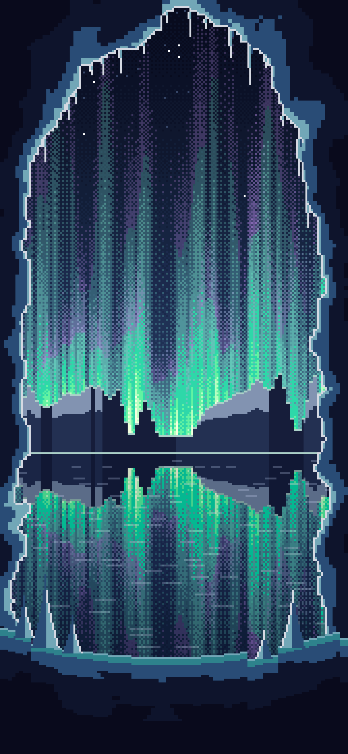Navy Pixel Art Ice Cave and Northern Lights wallpaper for iPhone and Android