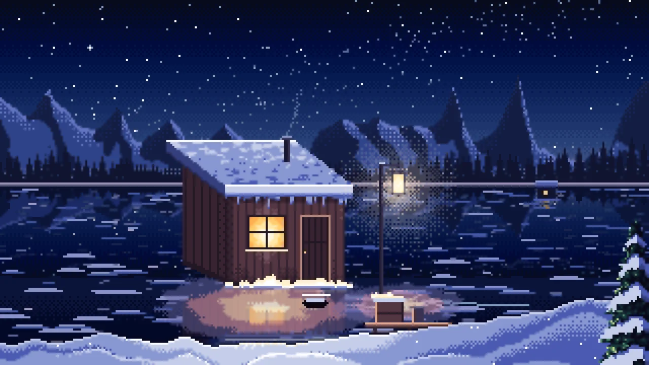 Navy Pixel Art Ice Fishing Hut on a Frozen Lake desktop wallpaper in 4K