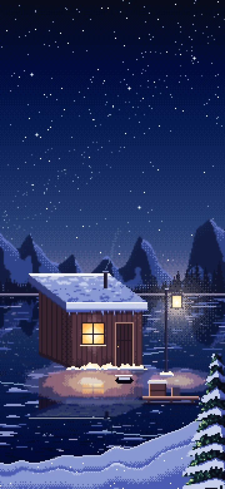 Navy Pixel Art Ice Fishing Hut on a Frozen Lake wallpaper for iPhone and Android