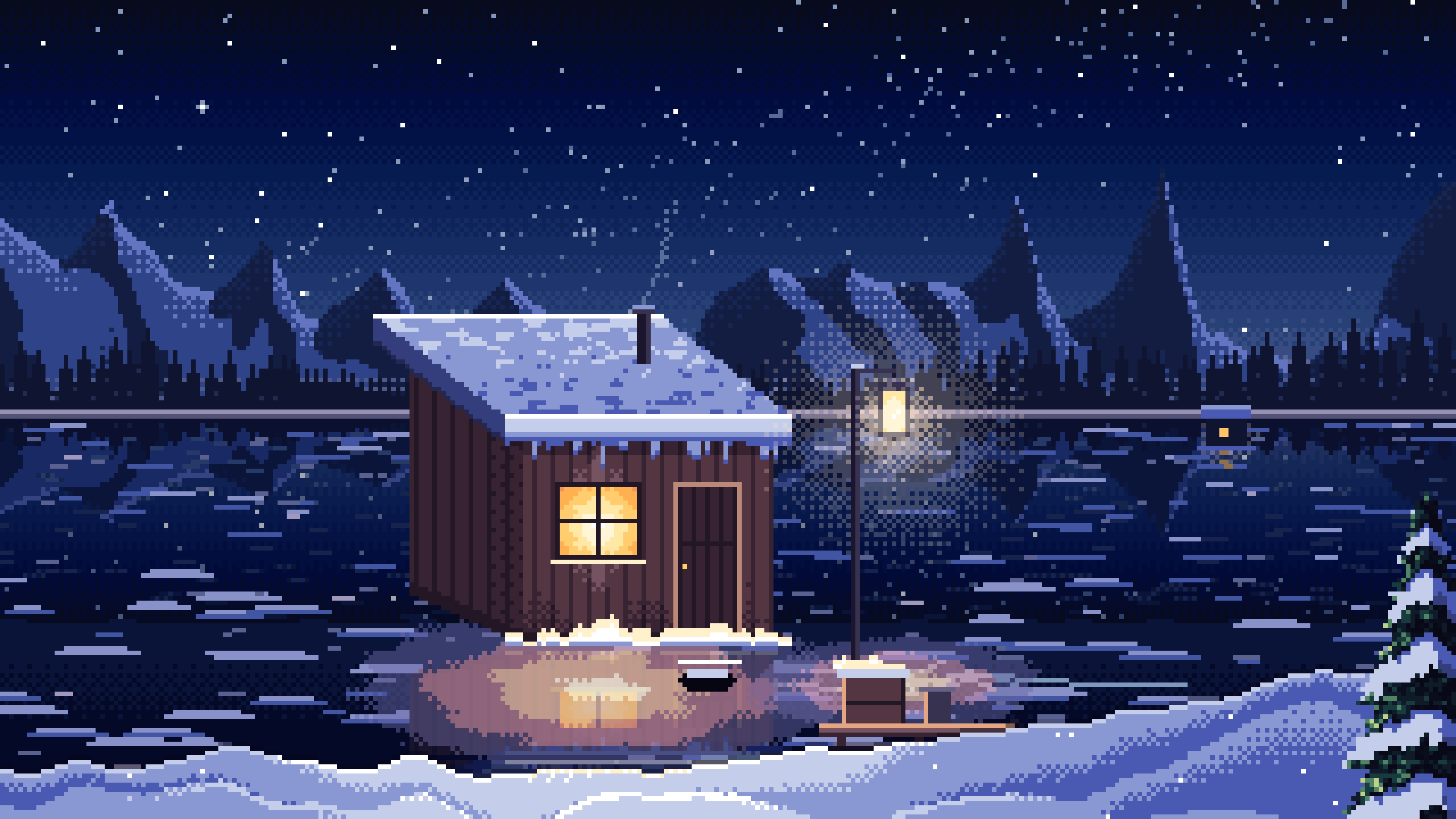 Navy Pixel Art Ice Fishing Hut on a Frozen Lake desktop wallpaper in 4K