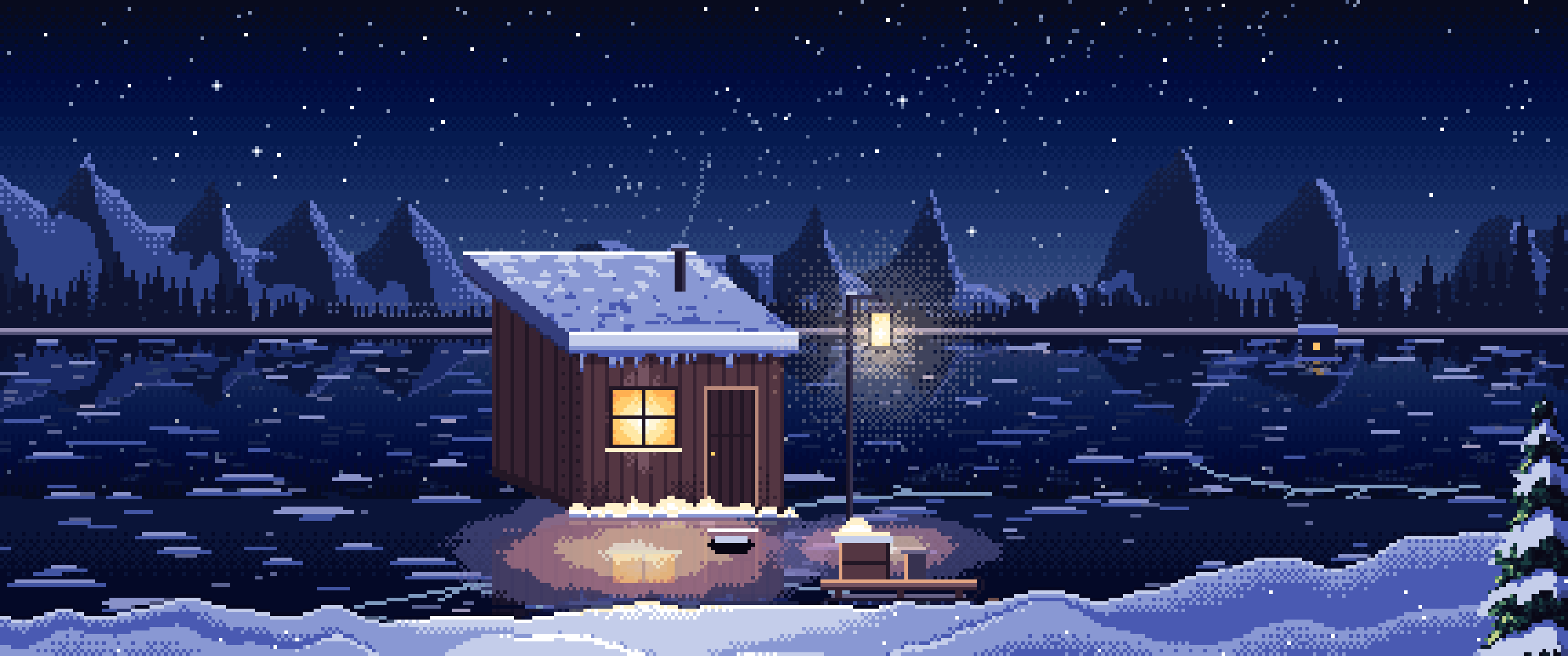 Navy Pixel Art Ice Fishing Hut on a Frozen Lake ultrawide wallpaper, 3440 × 1440
