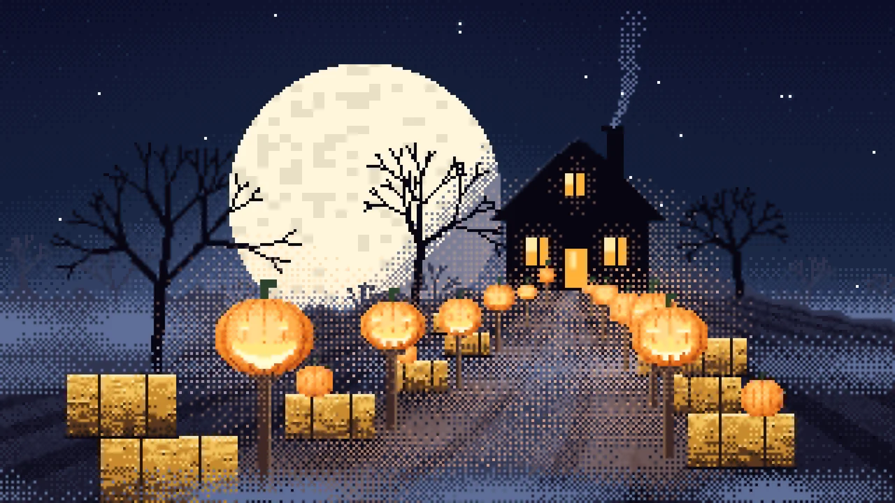 Navy Pixel Art Jack O Lantern Path desktop wallpaper in 4K