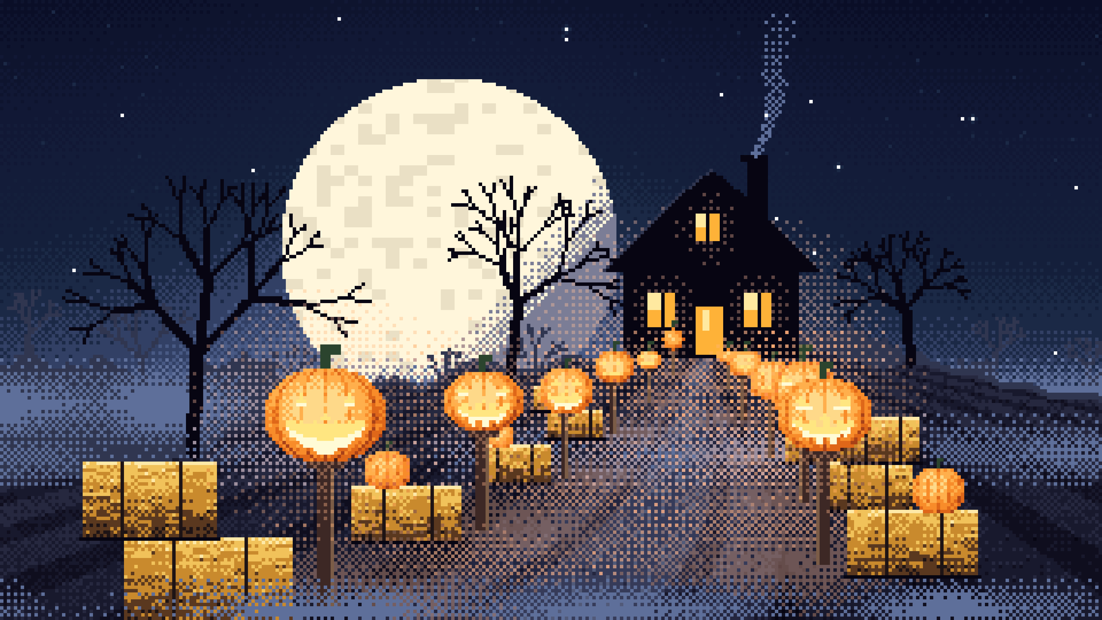 Navy Pixel Art Jack O Lantern Path desktop wallpaper in 4K