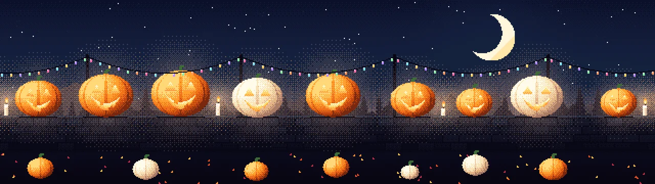 Navy Pixel Art Jack O Lanterns dual monitor wallpaper, 7680 × 2160