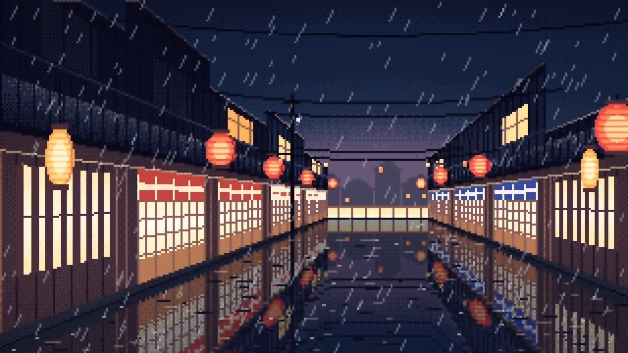 Navy Pixel Art Japanese Alley at Night in the Rain desktop wallpaper in 4K