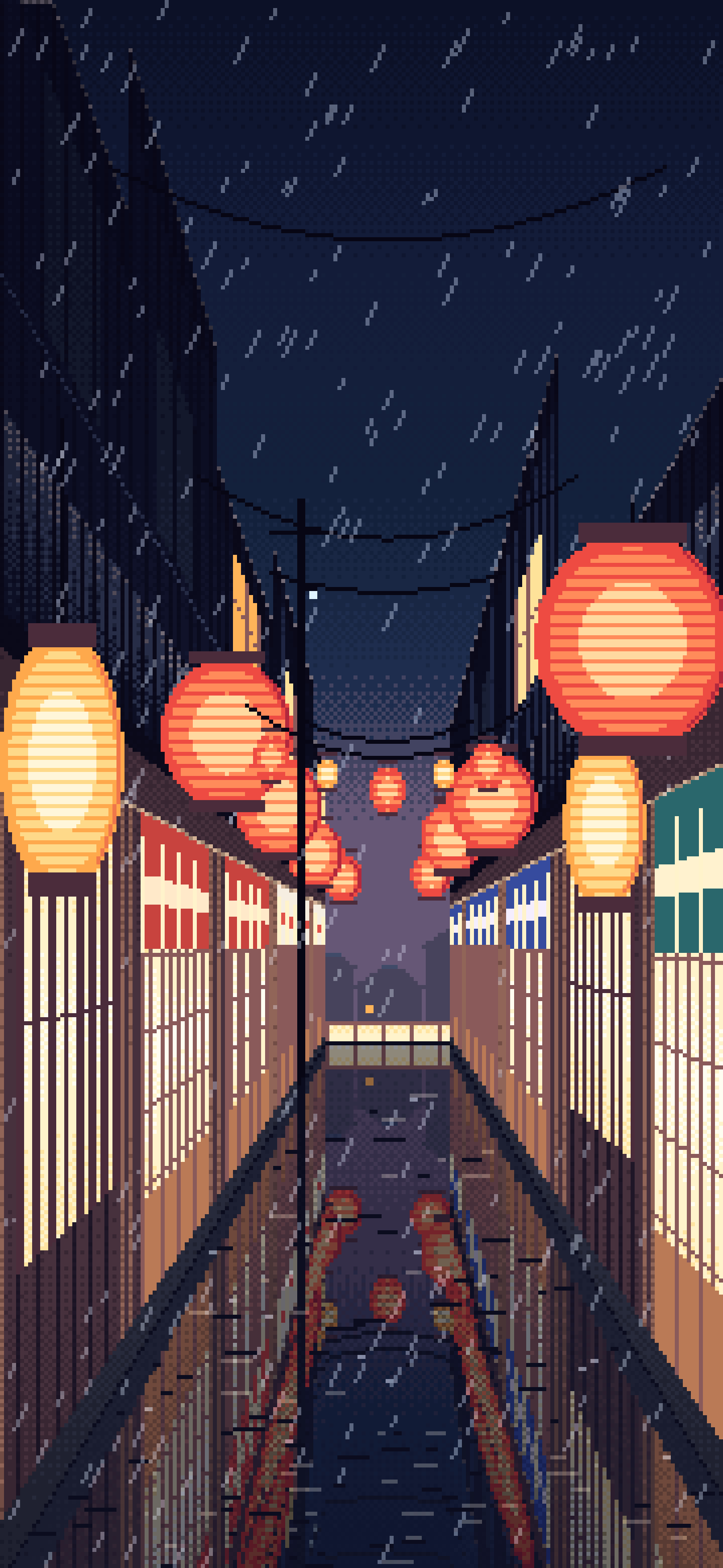 Navy Pixel Art Japanese Alley at Night in the Rain wallpaper for iPhone and Android