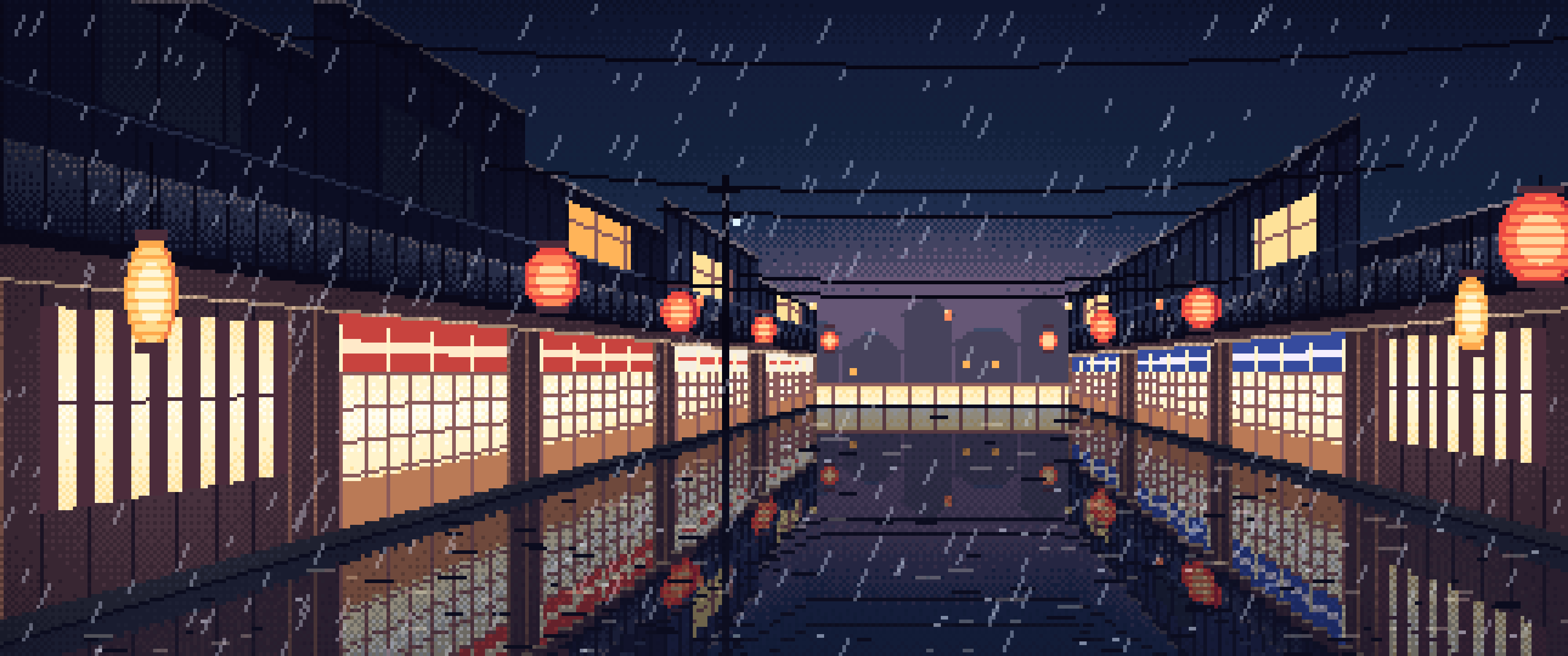 Navy Pixel Art Japanese Alley at Night in the Rain ultrawide wallpaper, 3440 × 1440
