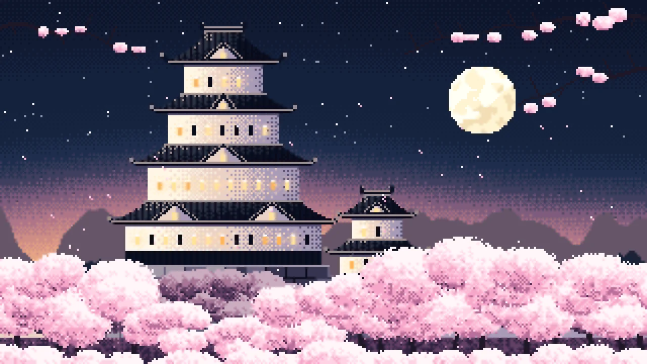 Navy Pixel Art Japanese Castle and Cherry Blossom at Dusk desktop wallpaper in 4K