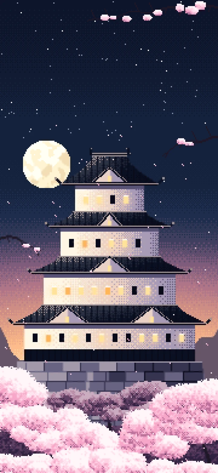 Navy Pixel Art Japanese Castle and Cherry Blossom at Dusk wallpaper for iPhone and Android