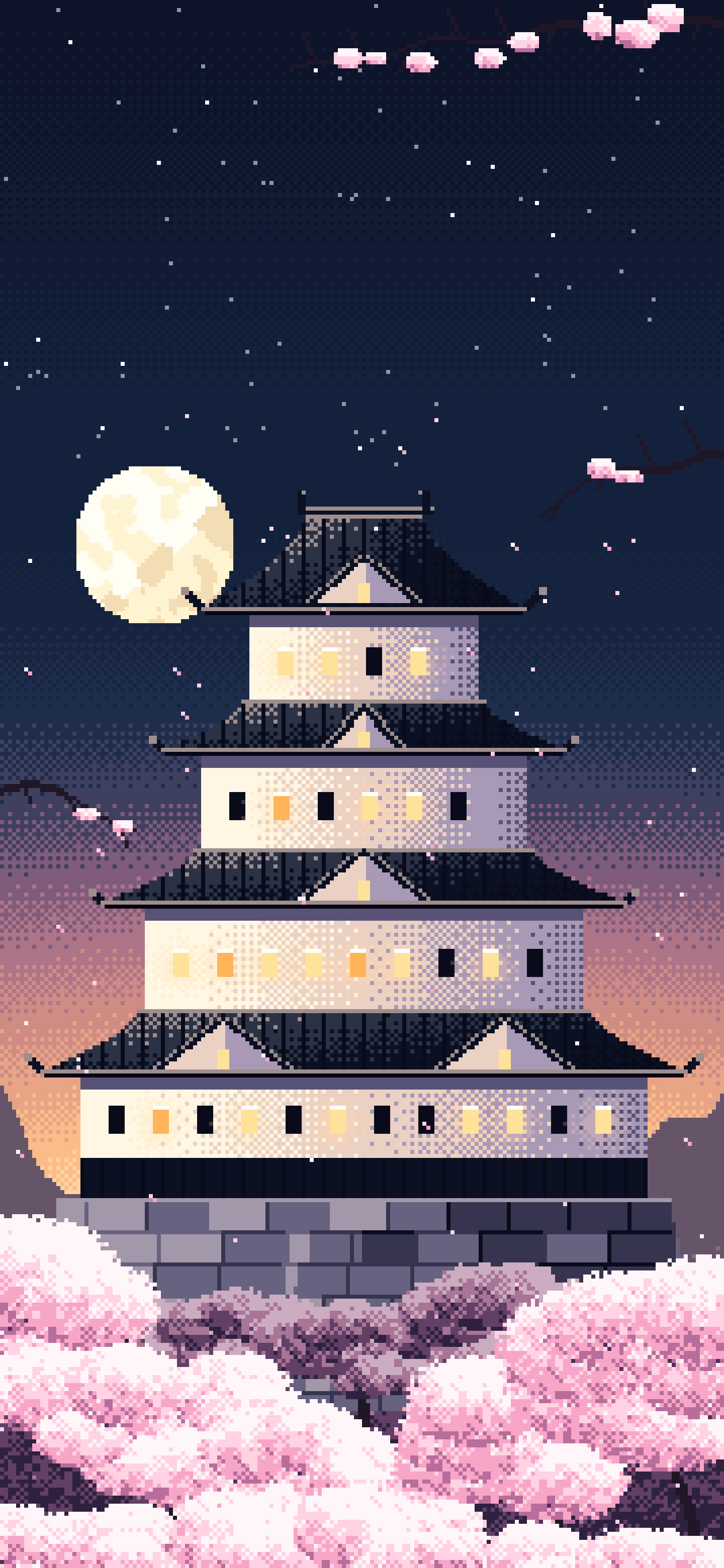 Navy Pixel Art Japanese Castle and Cherry Blossom at Dusk wallpaper for iPhone and Android