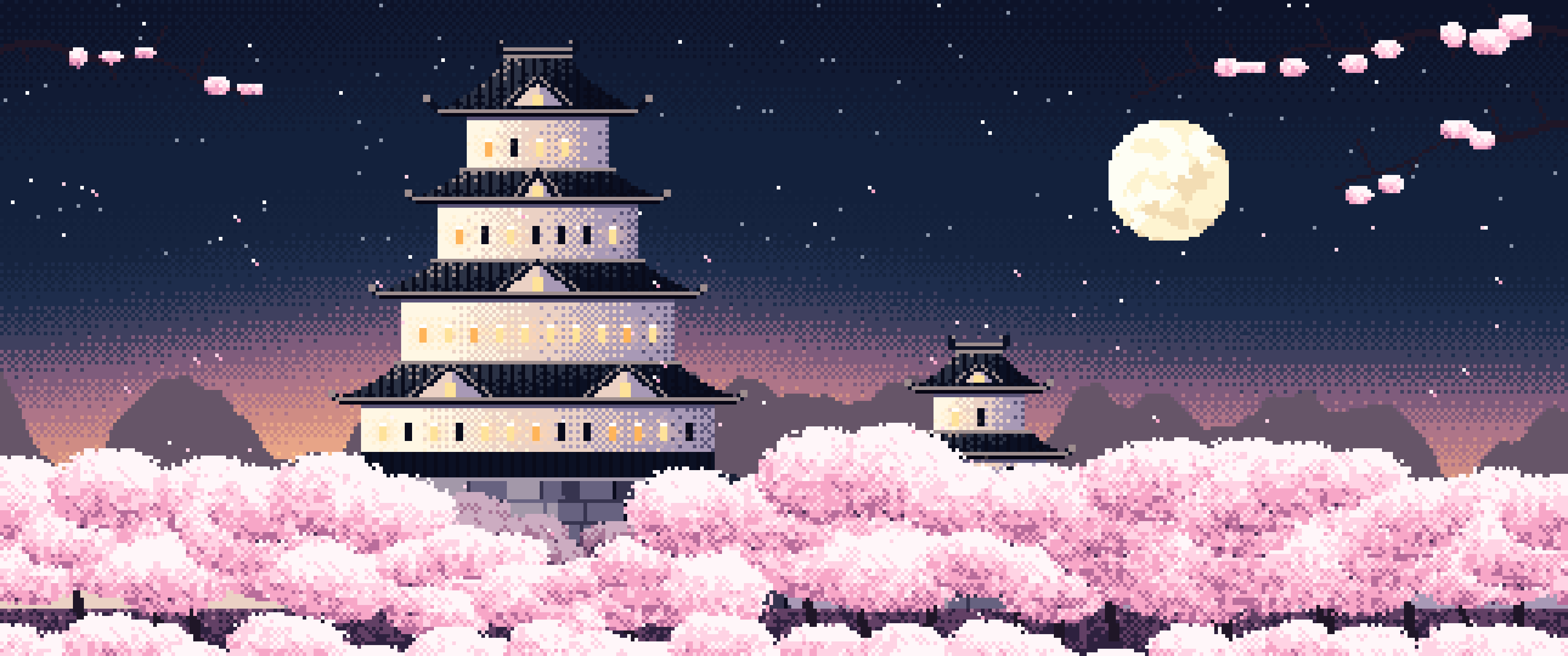 Navy Pixel Art Japanese Castle and Cherry Blossom at Dusk ultrawide wallpaper, 3440 × 1440