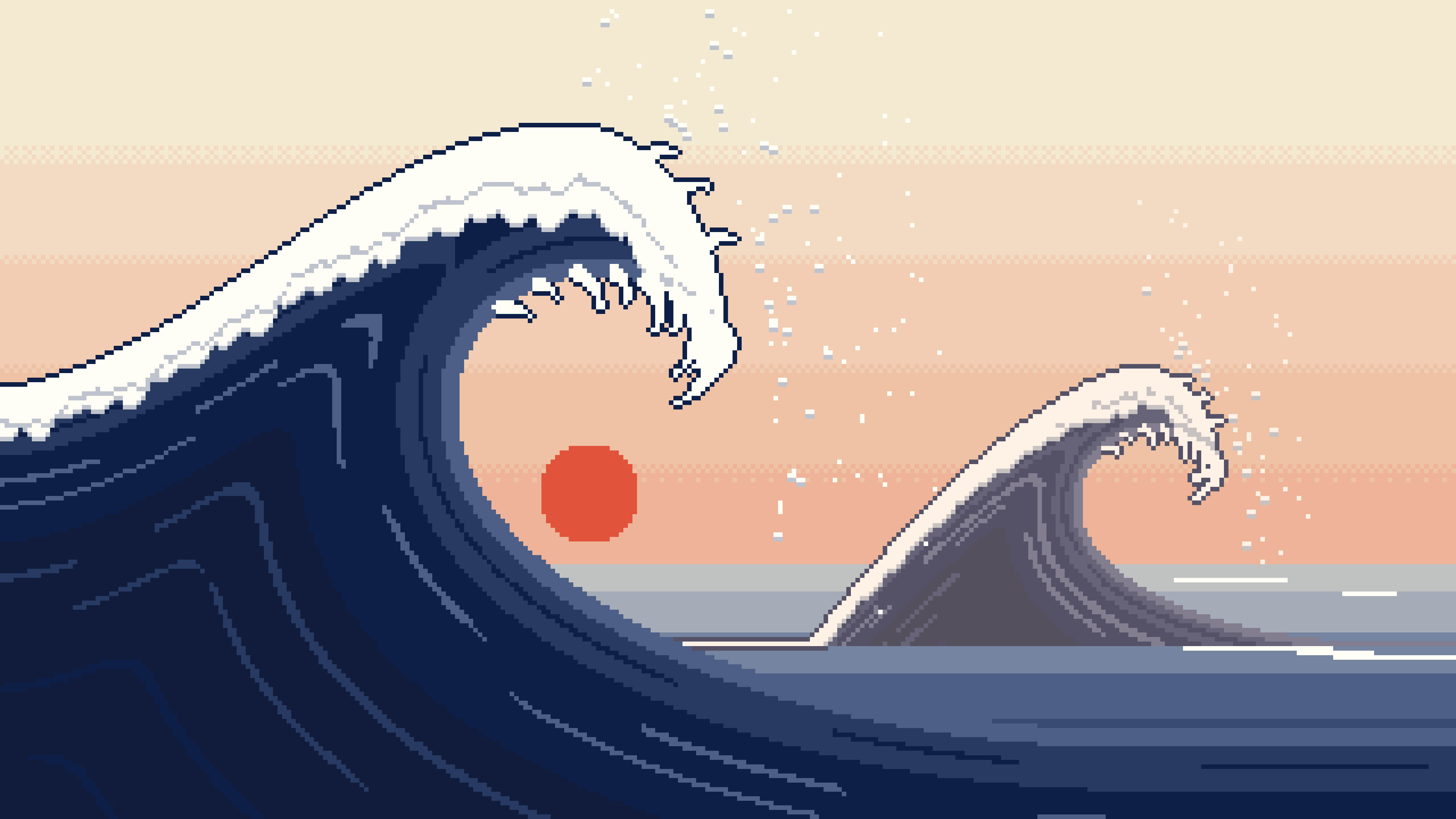 Navy Pixel Art Japanese Great Wave desktop wallpaper in 4K